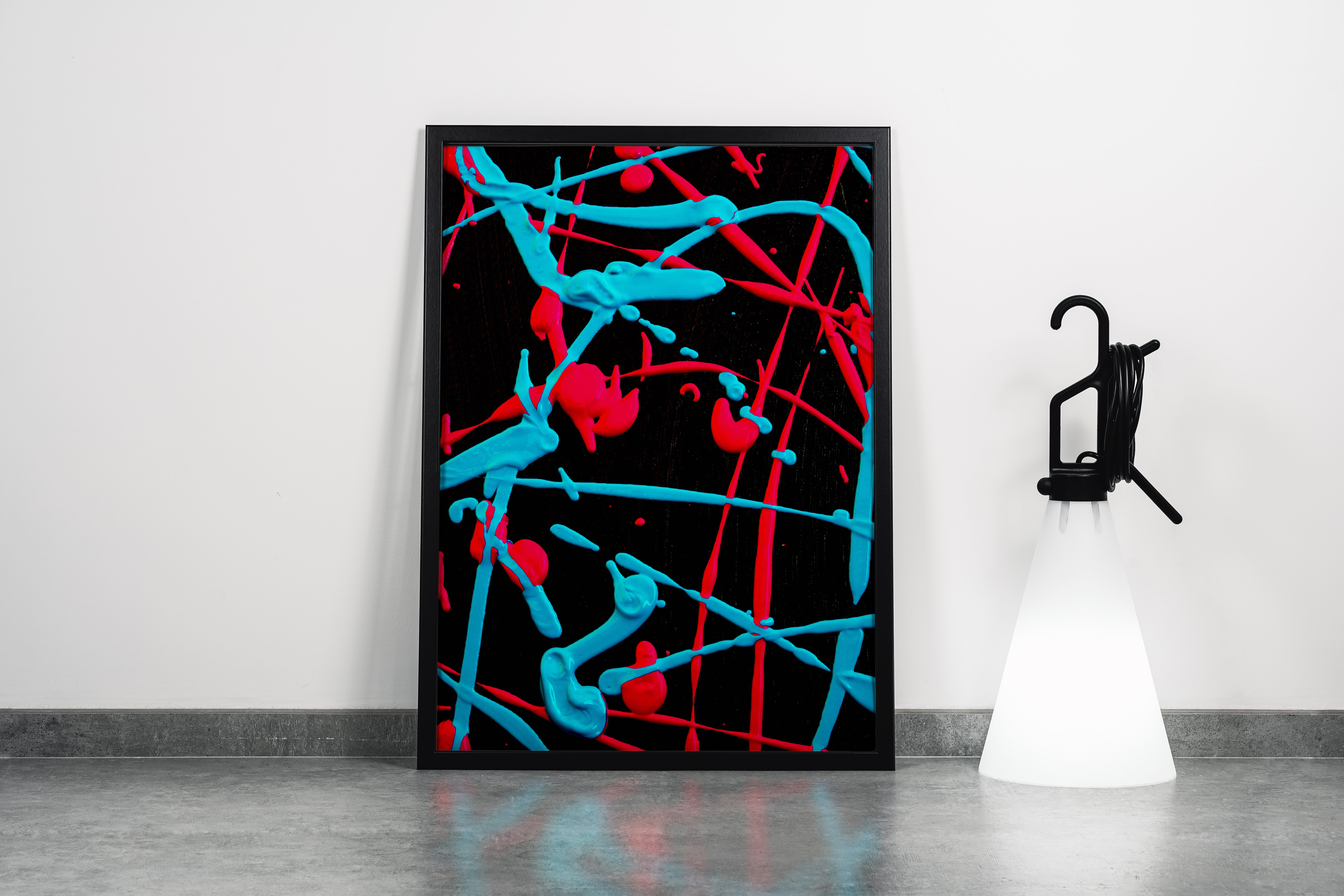 vibrant abstract splatters of bright red and cyan paint on a solid black background, abstract, art, kanvas tablo