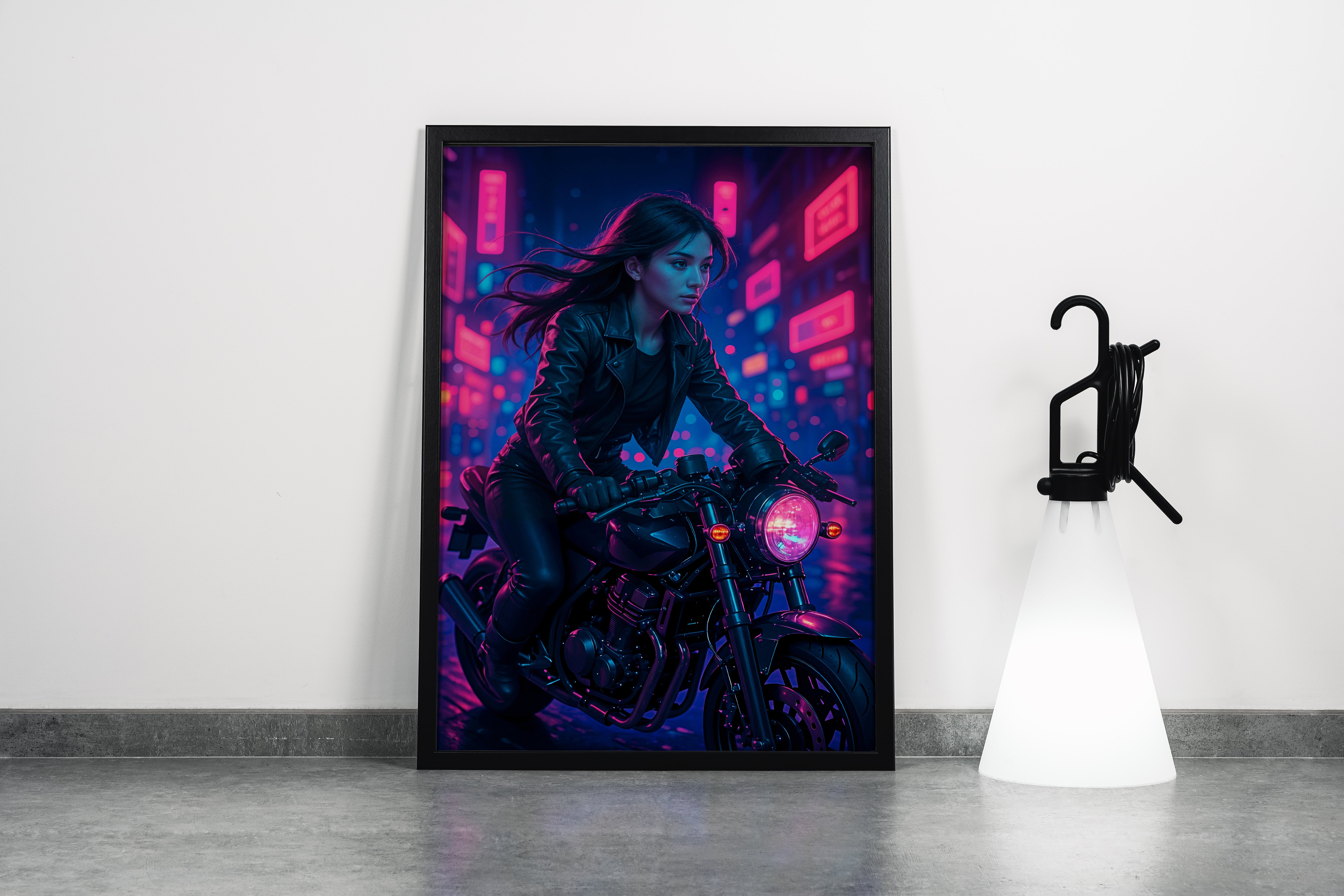 ai creation, Cyberpunk motorcycle girl, ai art, art, kanvas tablo