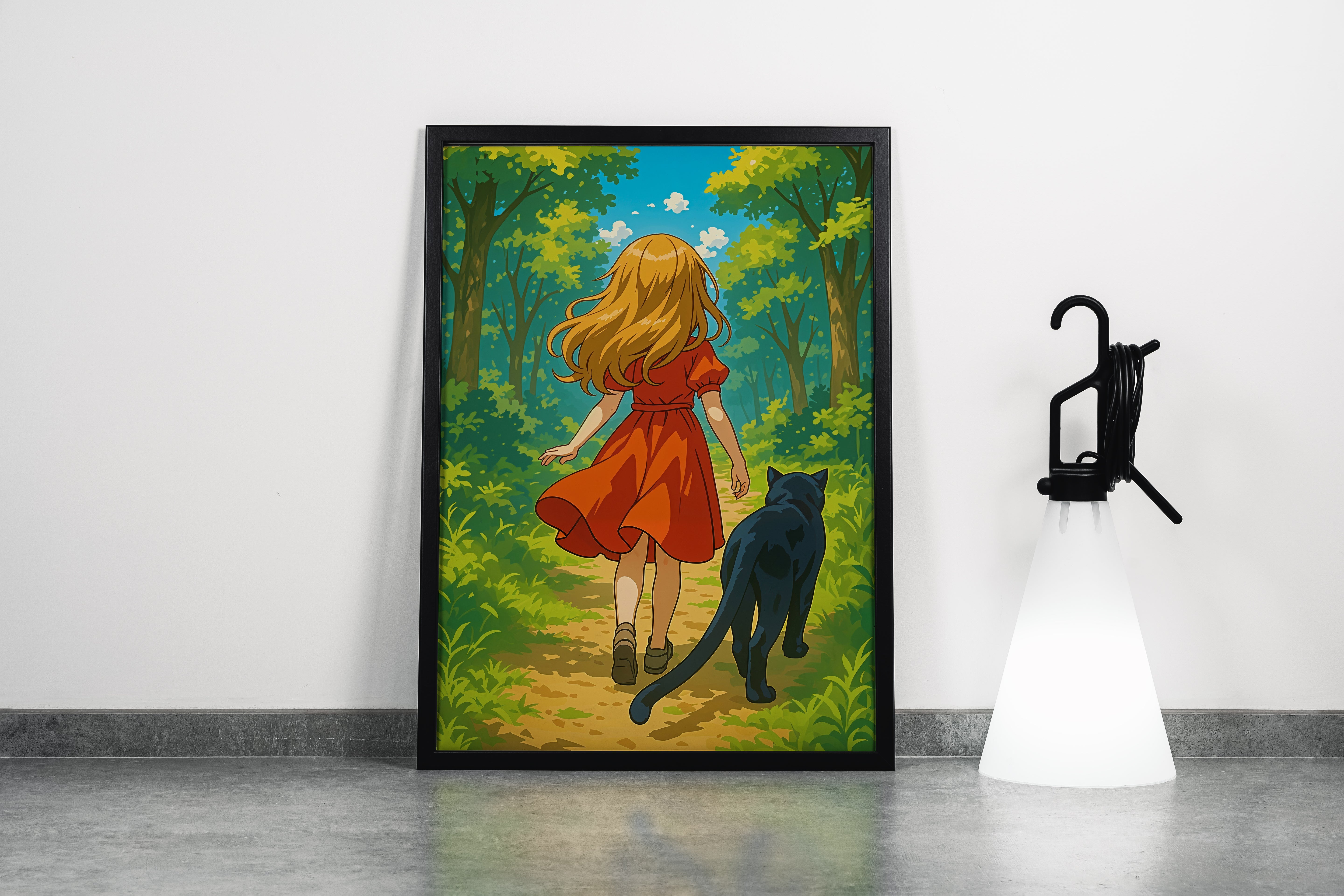 ai creation, woman in red and her cat in the forest, kid, ai art, art, kanvas tablo