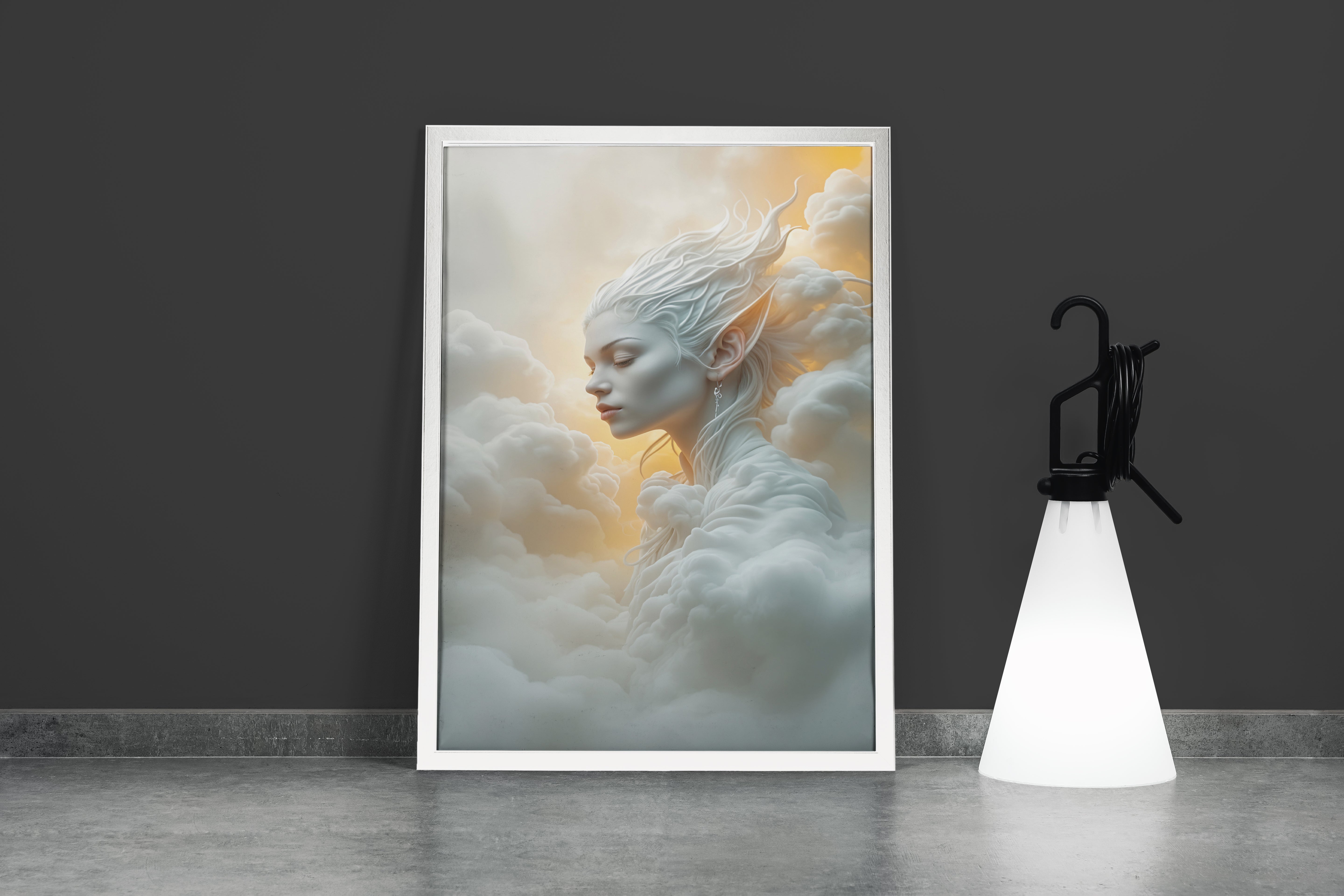 ai creation, an ethereal air spirit with pointed ears, her body made of clouds, ai art, art, kanvas tablo
