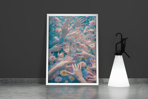 ai creation, hands jumping out of a field of flowers, ai art, art, kanvas tablo