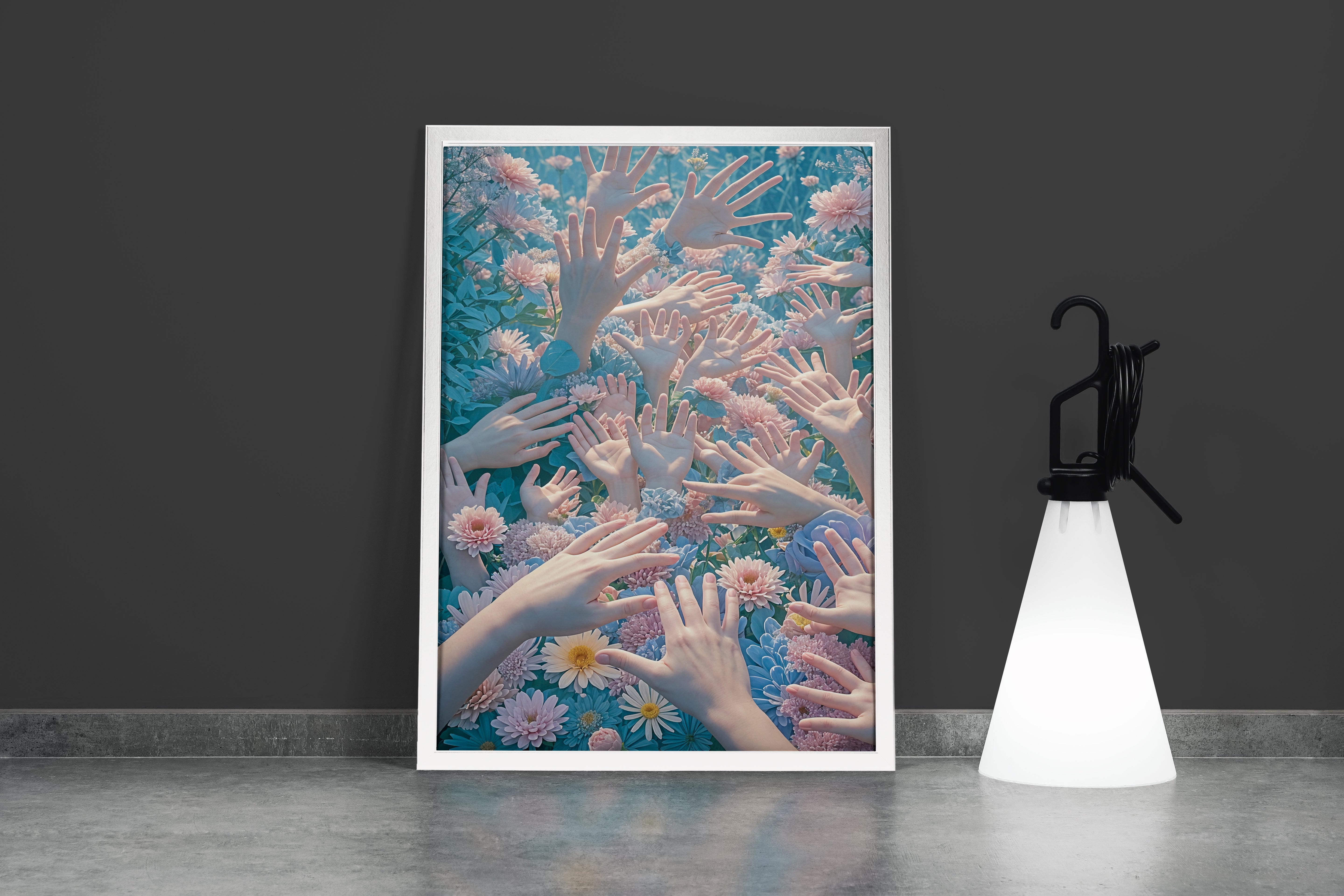 ai creation, hands jumping out of a field of flowers, ai art, art, kanvas tablo