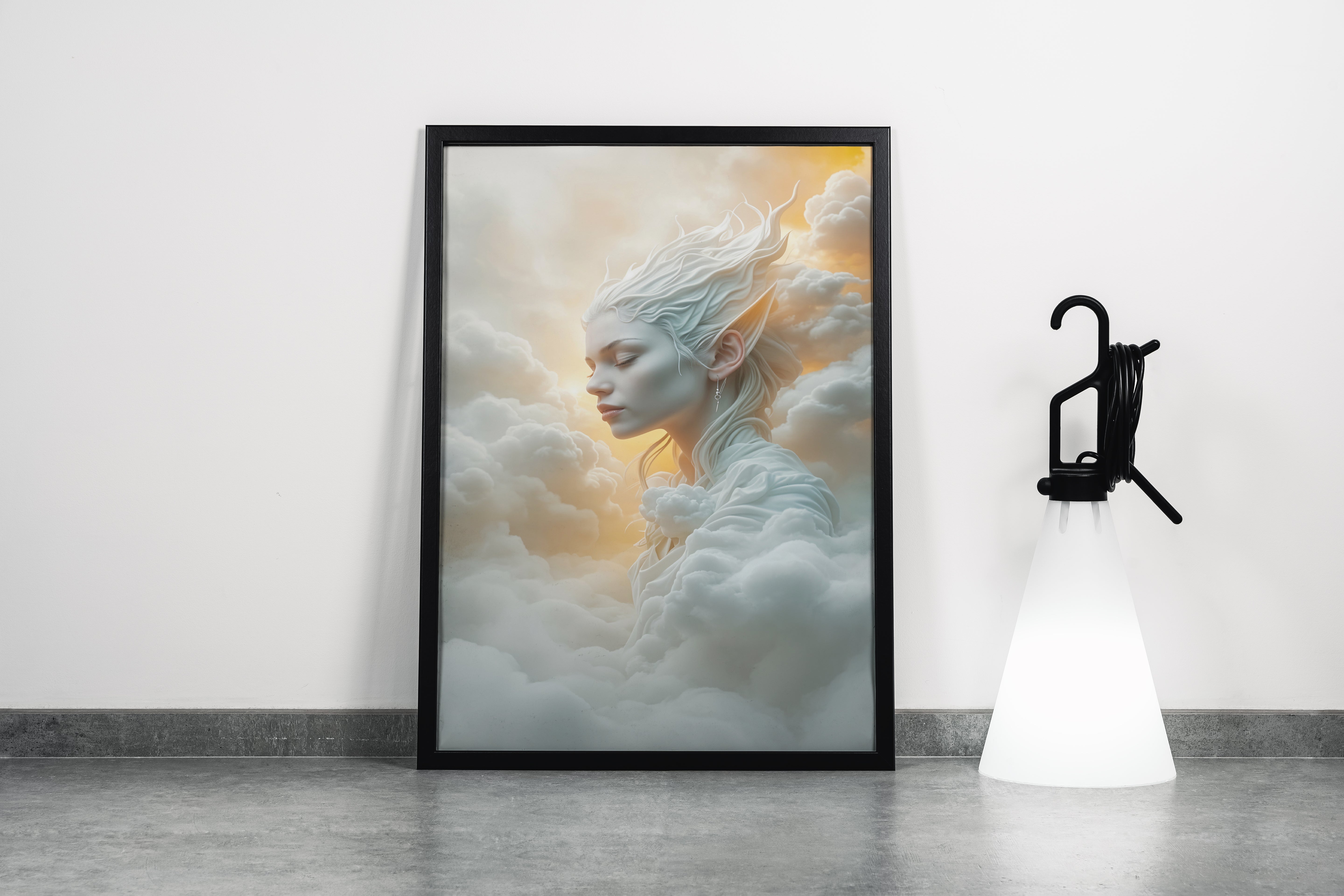 ai creation, depiction of a woman resting in the clouds, ai art, art, kanvas tablo