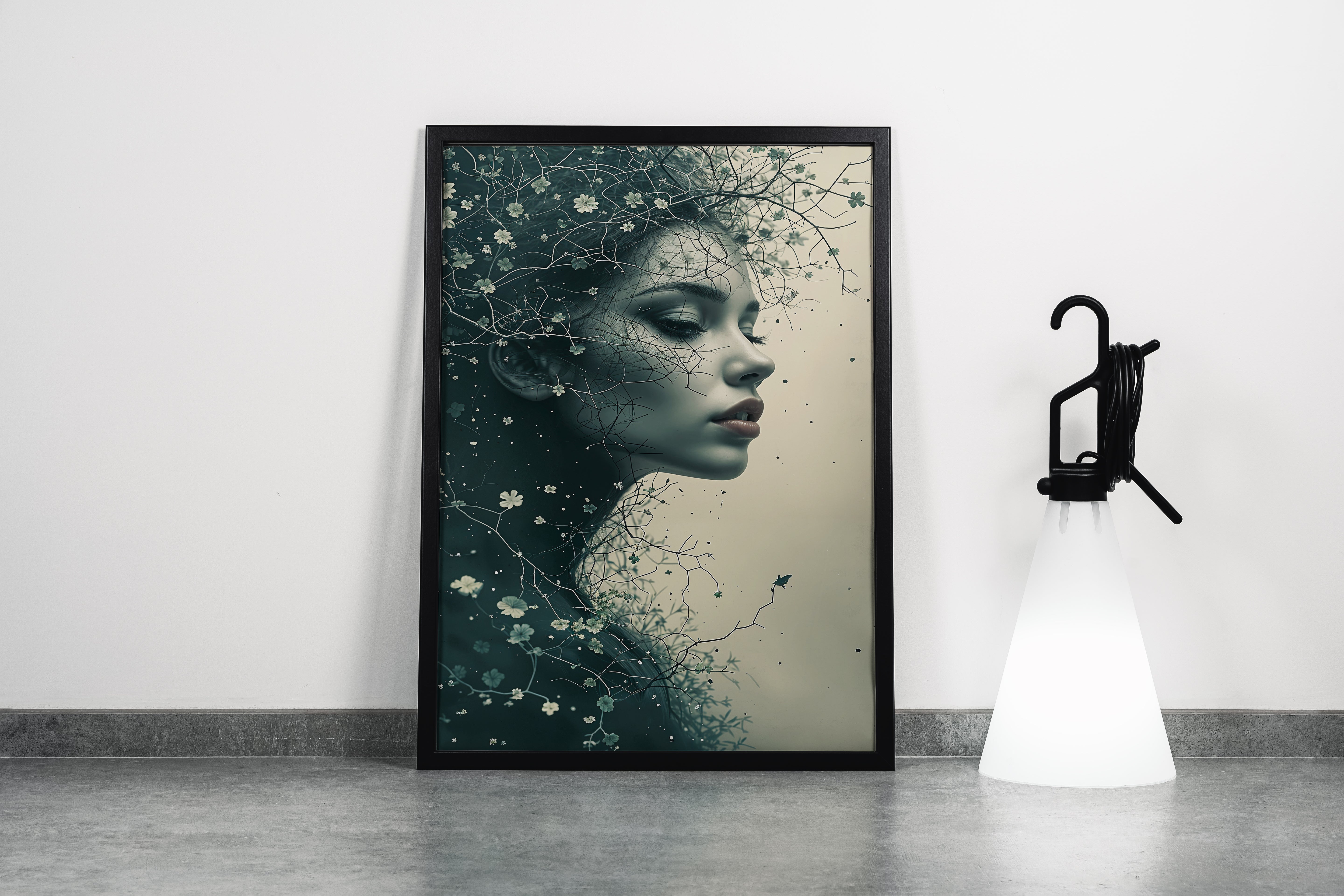 ai creation, a woman's profile dissolving into dark branches with tiny white flowers, ai art, art, kanvas tablo