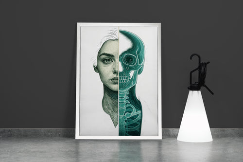 ai creation, split illustration of a woman's face showing the teal skeleton anatomy underneath, ai art, art, kanvas tablo
