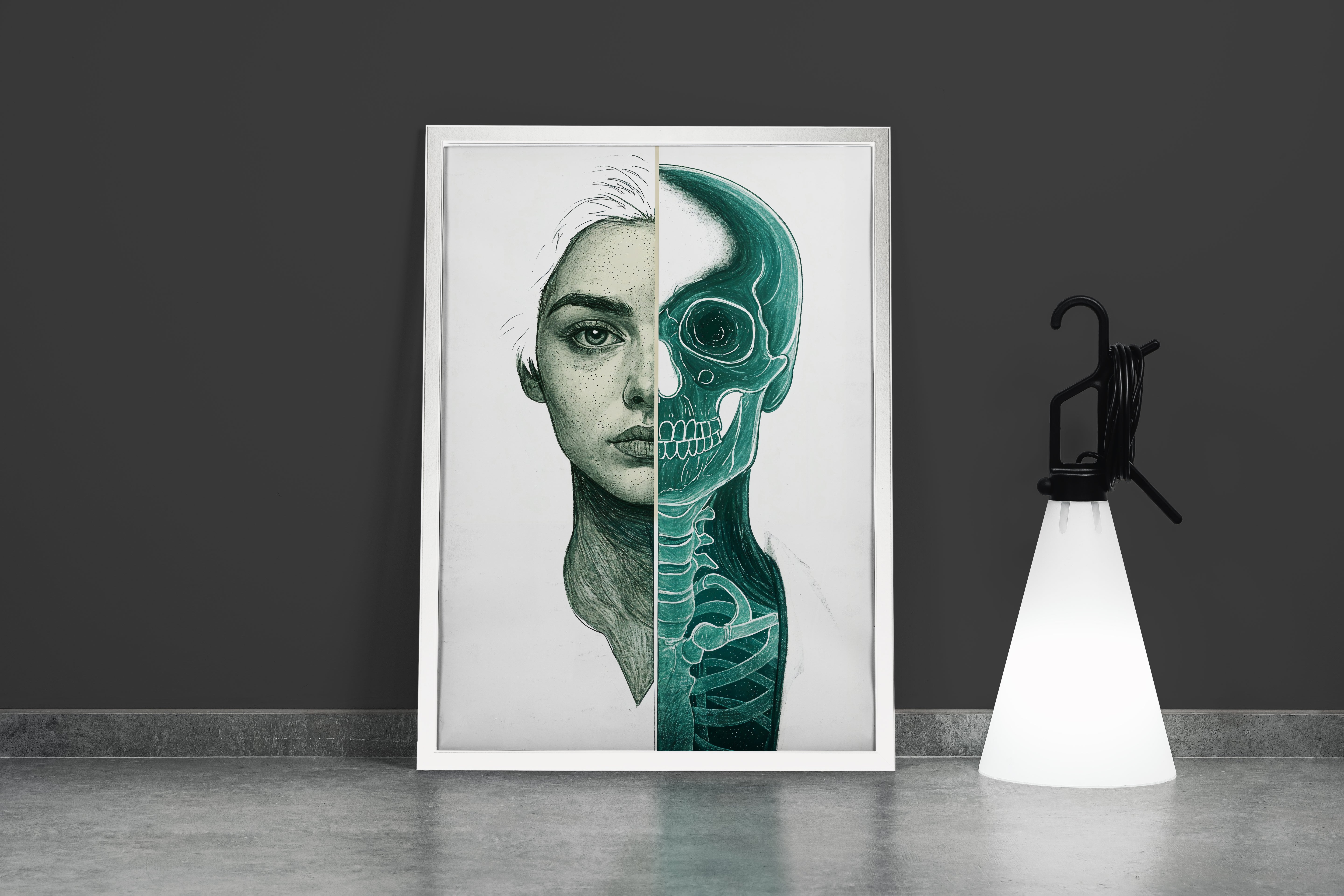 ai creation, split illustration of a woman's face showing the teal skeleton anatomy underneath, ai art, art, kanvas tablo