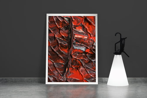 a macro photograph of thick, glossy red and black paint with deep textured ridges, abstract, art, kanvas tablo