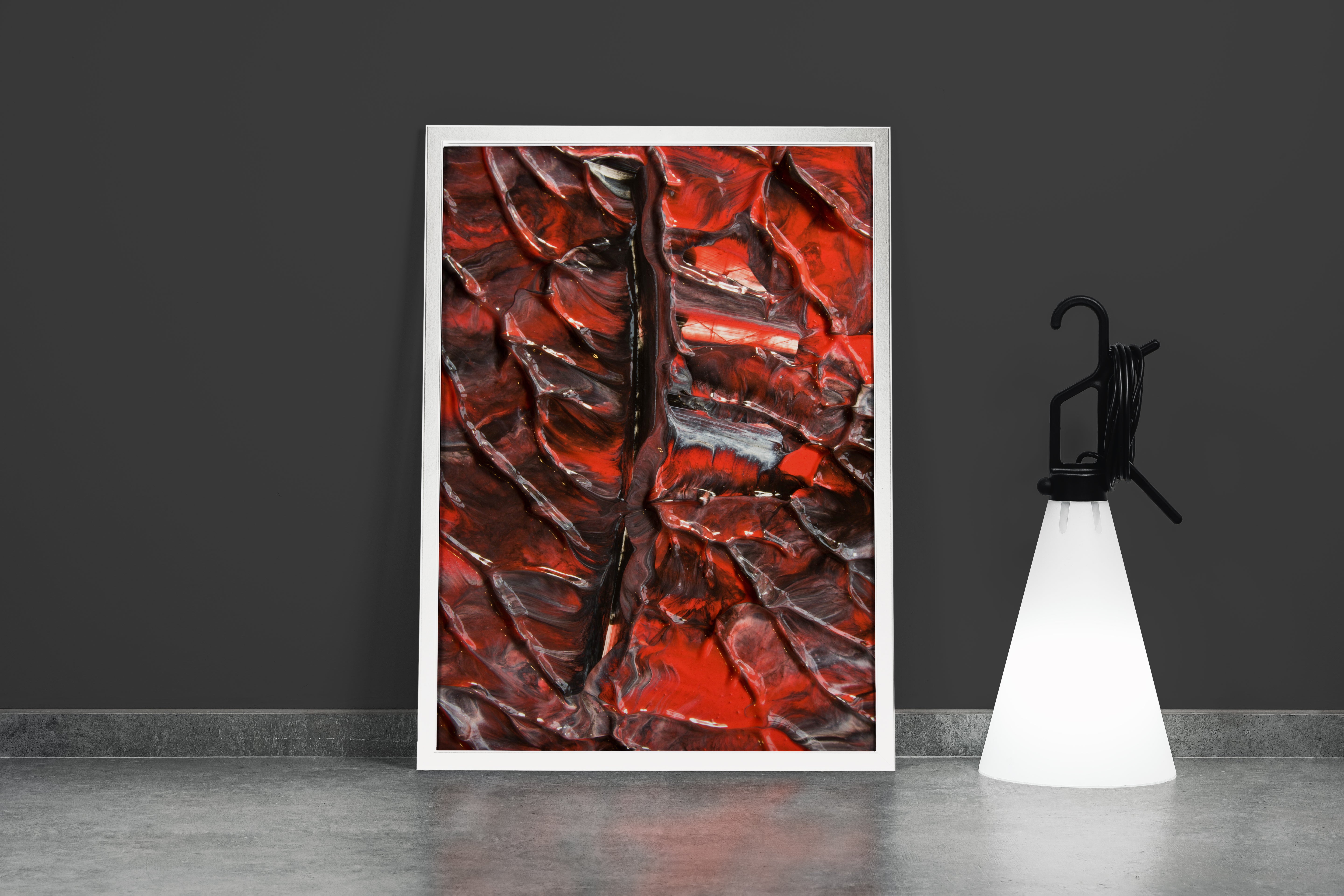 a macro photograph of thick, glossy red and black paint with deep textured ridges, abstract, art, kanvas tablo
