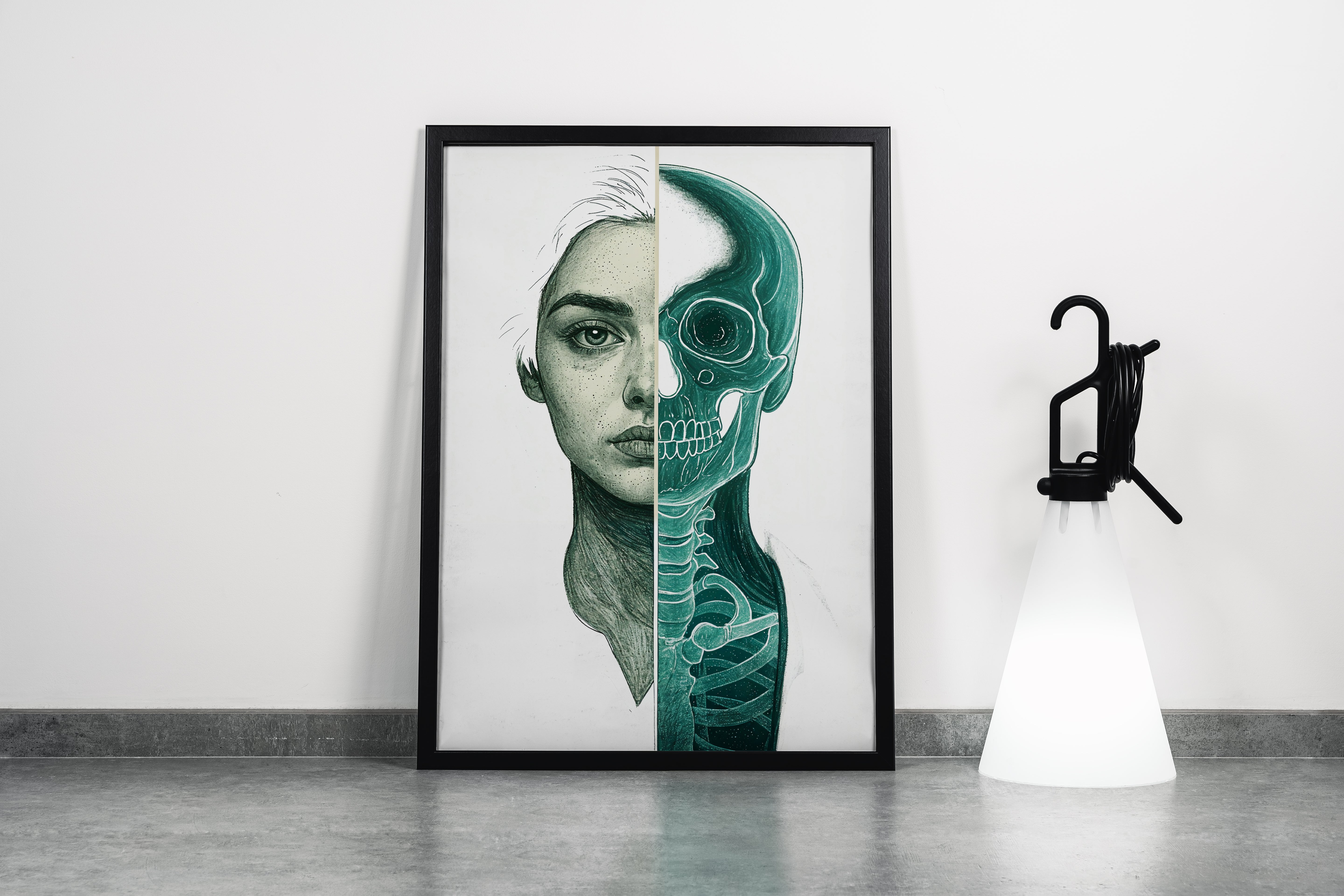 ai creation, split illustration of a woman's face showing the teal skeleton anatomy underneath, ai art, art, kanvas tablo