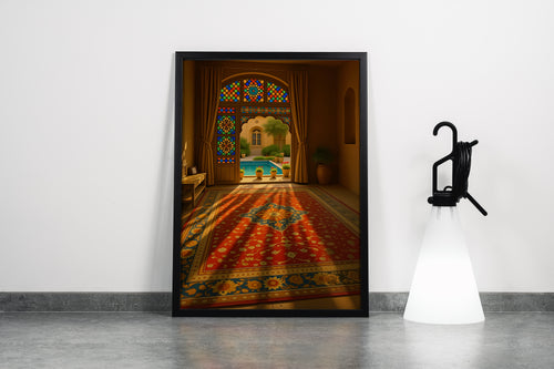 Vitray Pencereli Saray Odası ve Kırmızı Oryantal Halı Havuz Manzaralı Mimari Kanvas Tablo