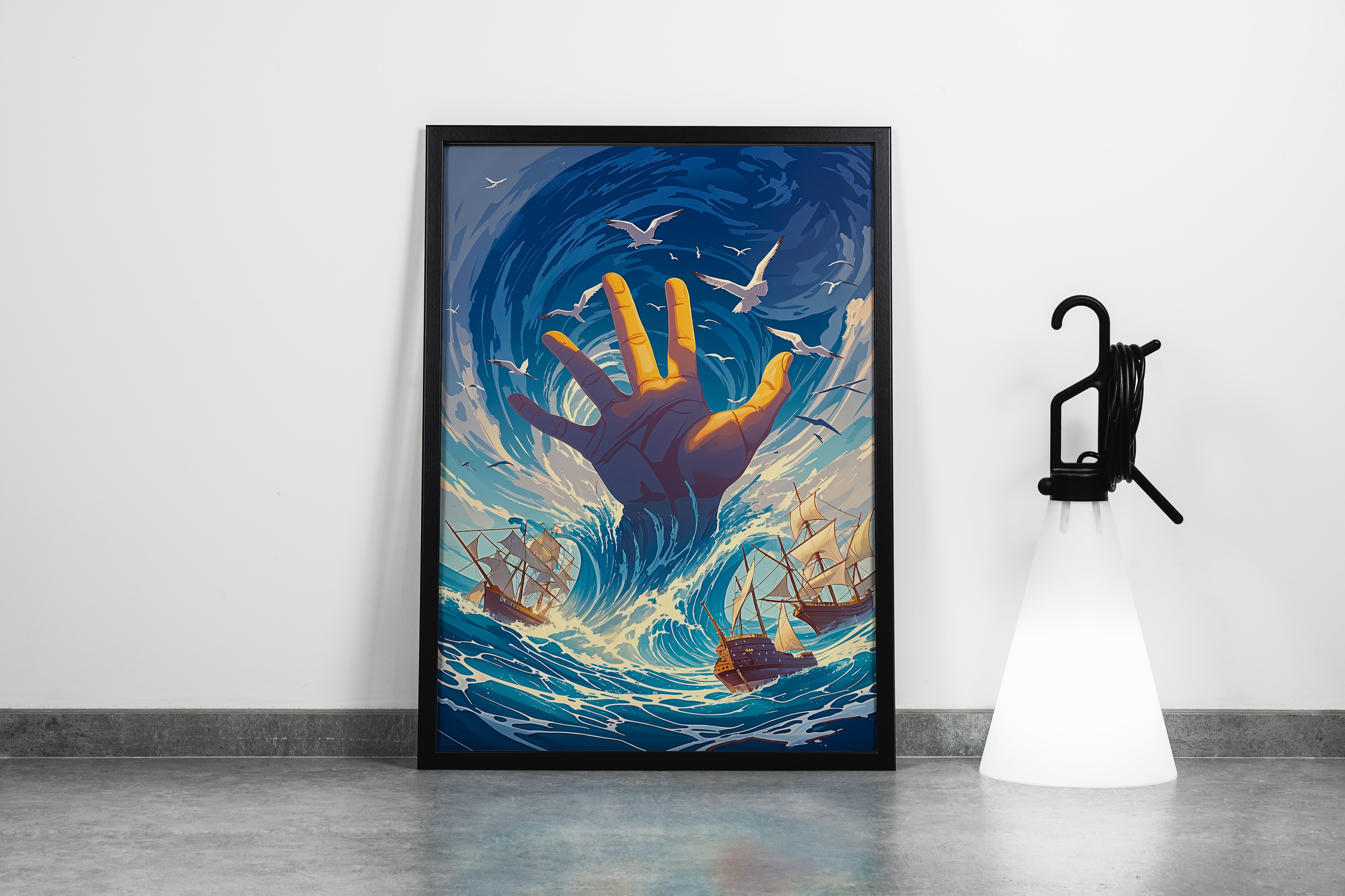 ai creation, a giant glowing golden hand rising from a turbulent sea of ships, ai art, art, kanvas tablo