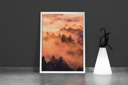 a beautiful landscape of foggy mountains with layers of trees at golden hour sunrise, abstract, art, kanvas tablo