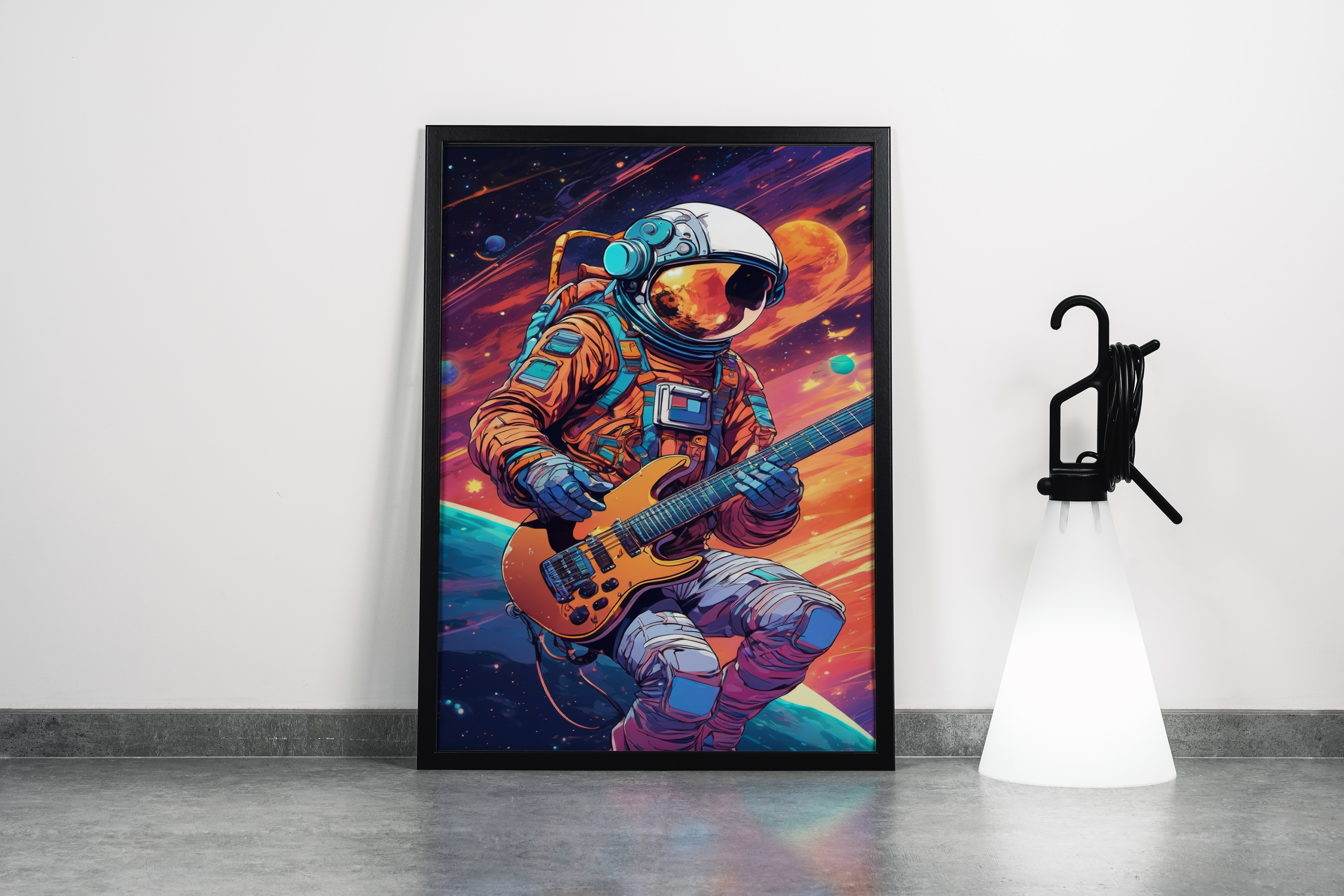 ai creation, astronaut playing guitar in space model 3, orange theme, ai art, art, kanvas tablo