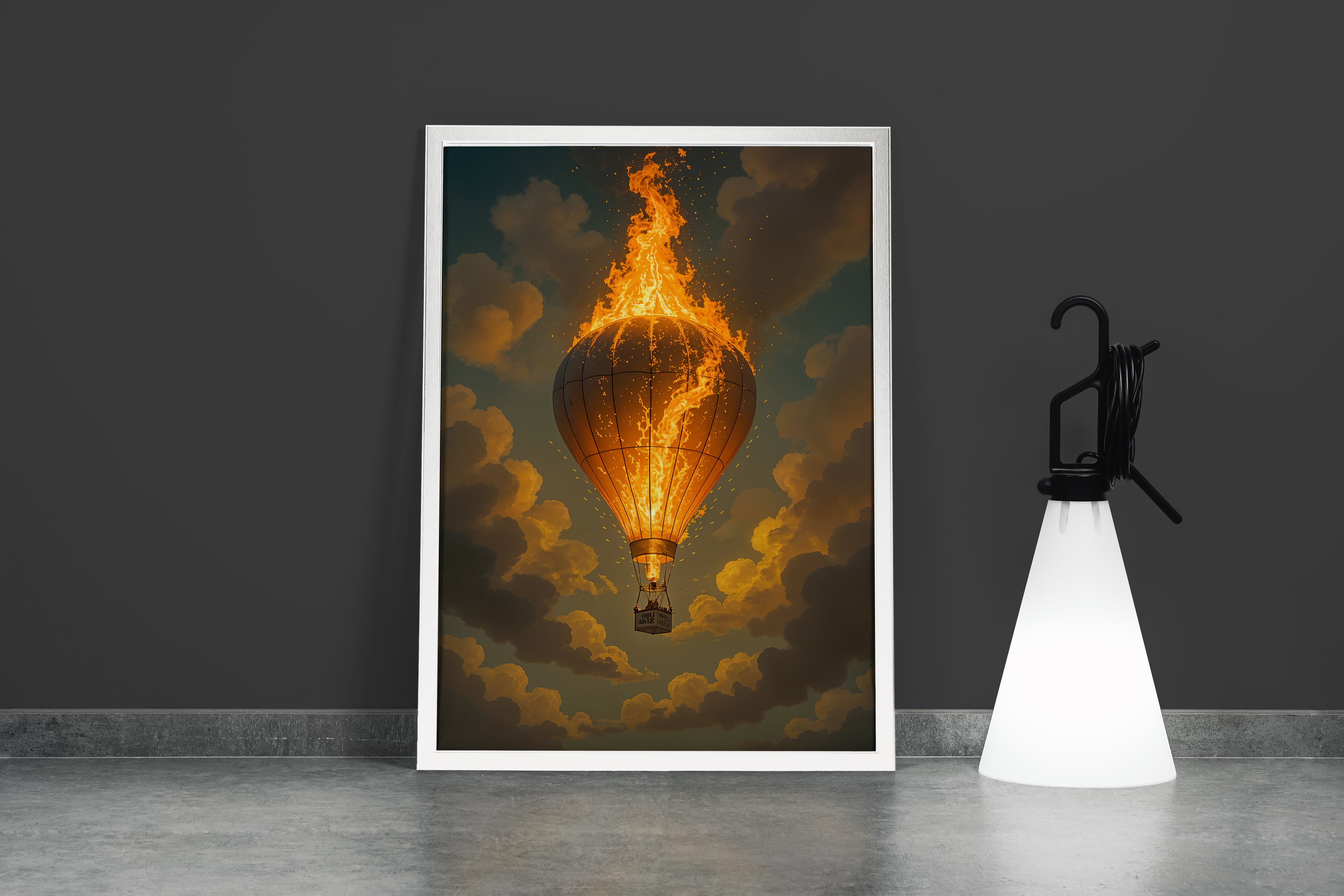 ai creation, a burning hot air balloon falling, ai art, art, kanvas tablo