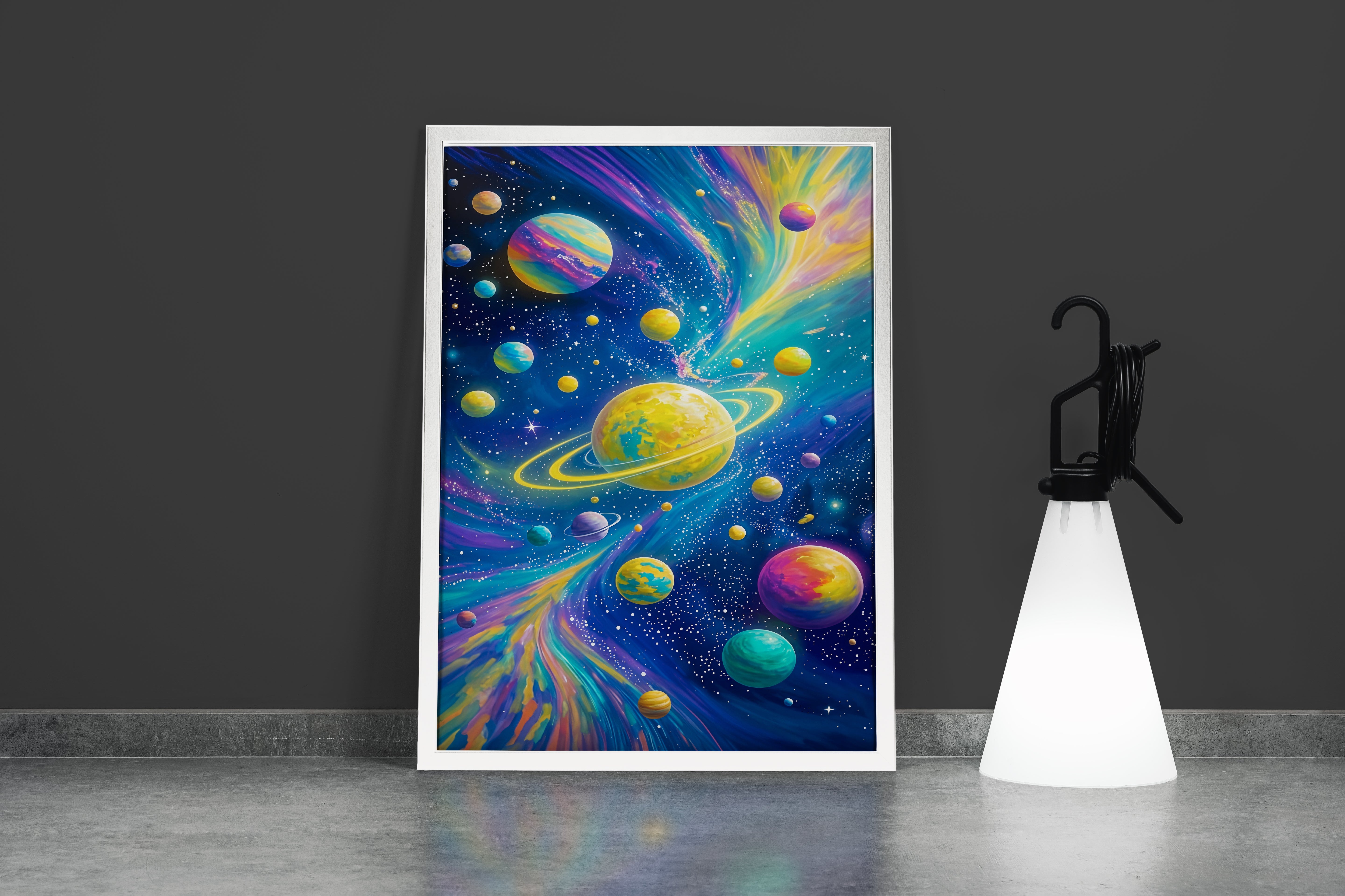 ai creation, saturn and the other colorful planets in its orbit model 1, ai art, art, kanvas tablo