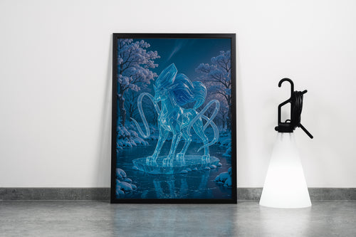 ai creation, ice covered deer frozen river themed, ai art, art, kanvas tablo