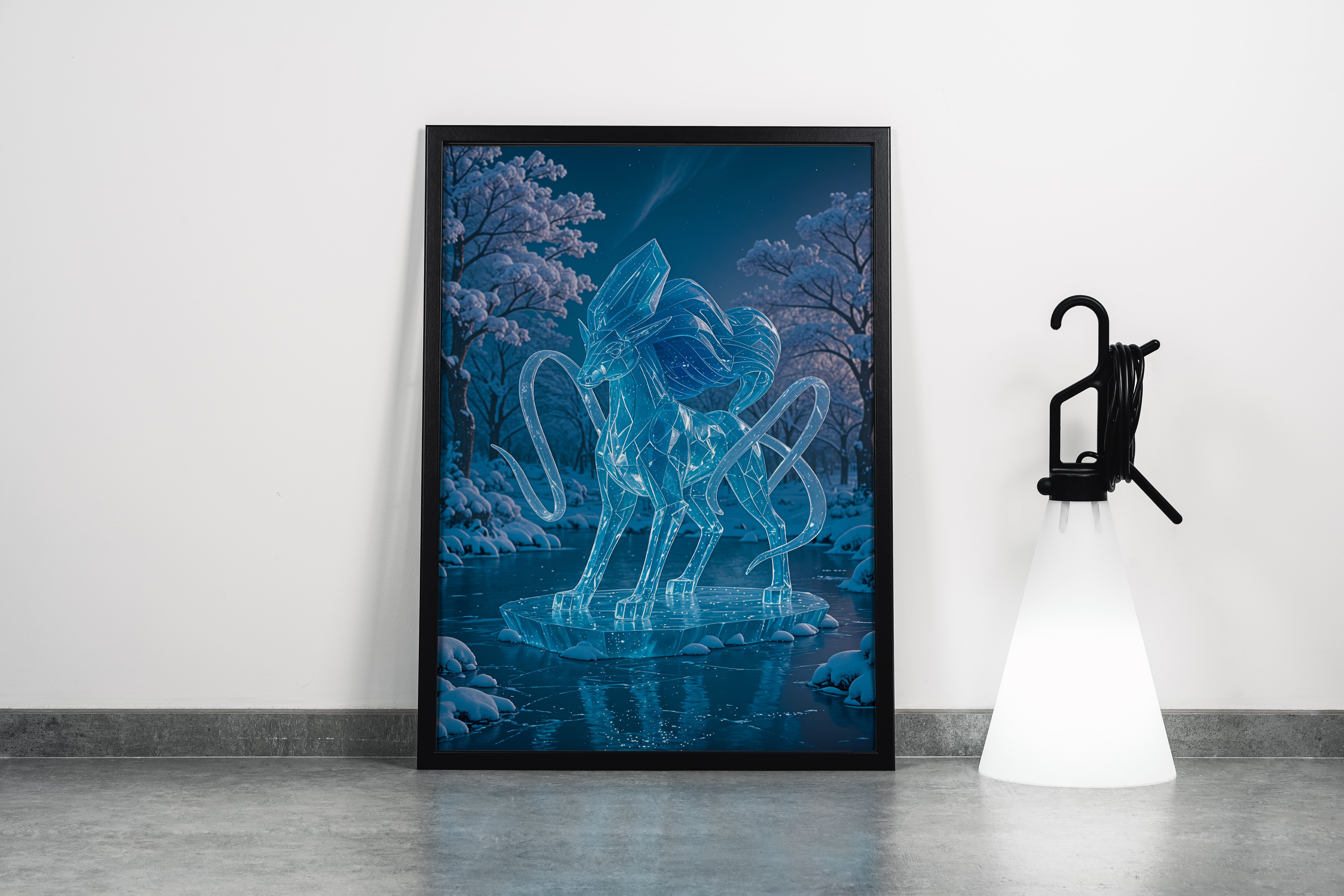 ai creation, ice covered deer frozen river themed, ai art, art, kanvas tablo
