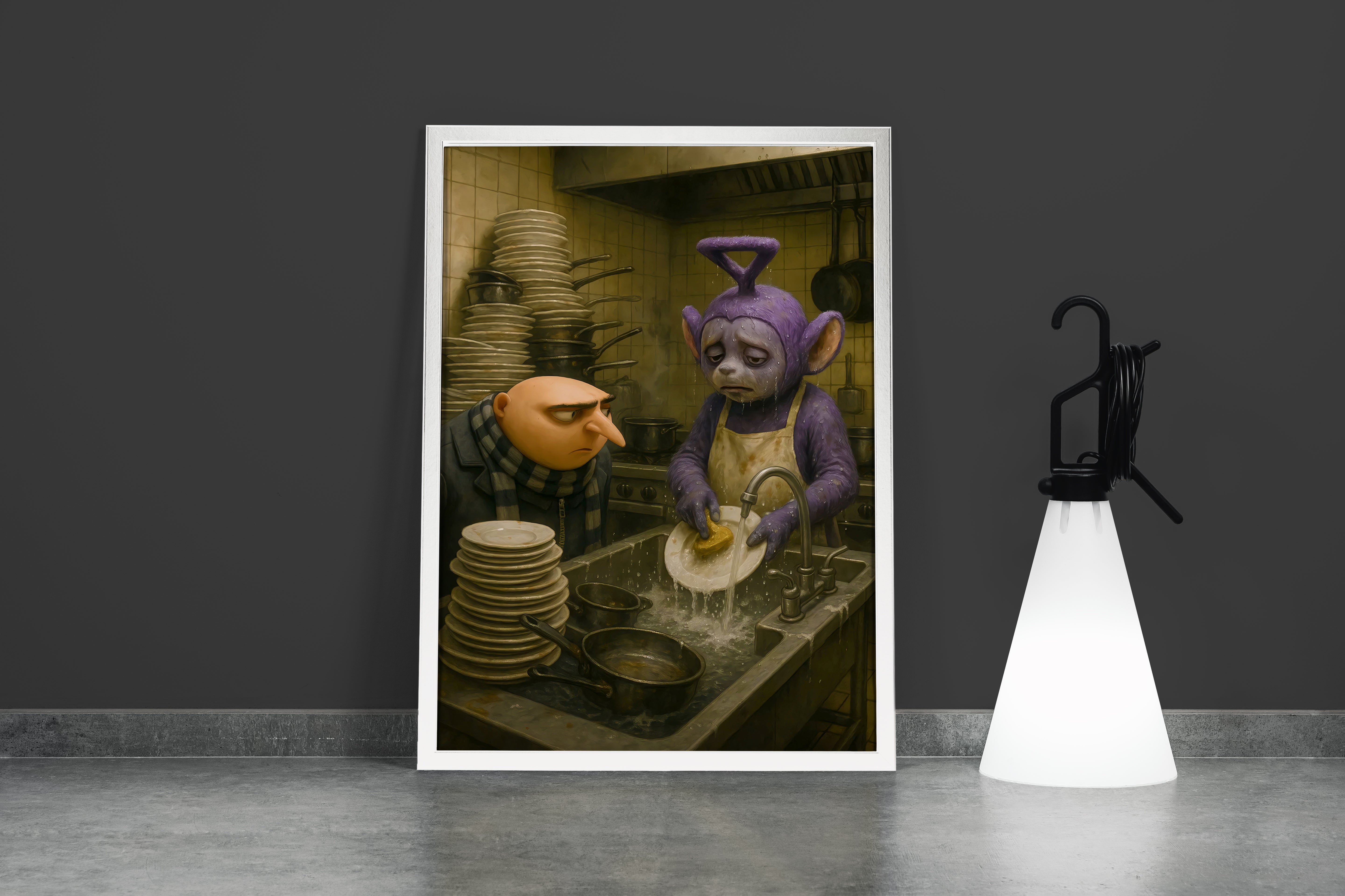 ai creation, dishwashing teletubbies model 2, ai art, art, kanvas tablo