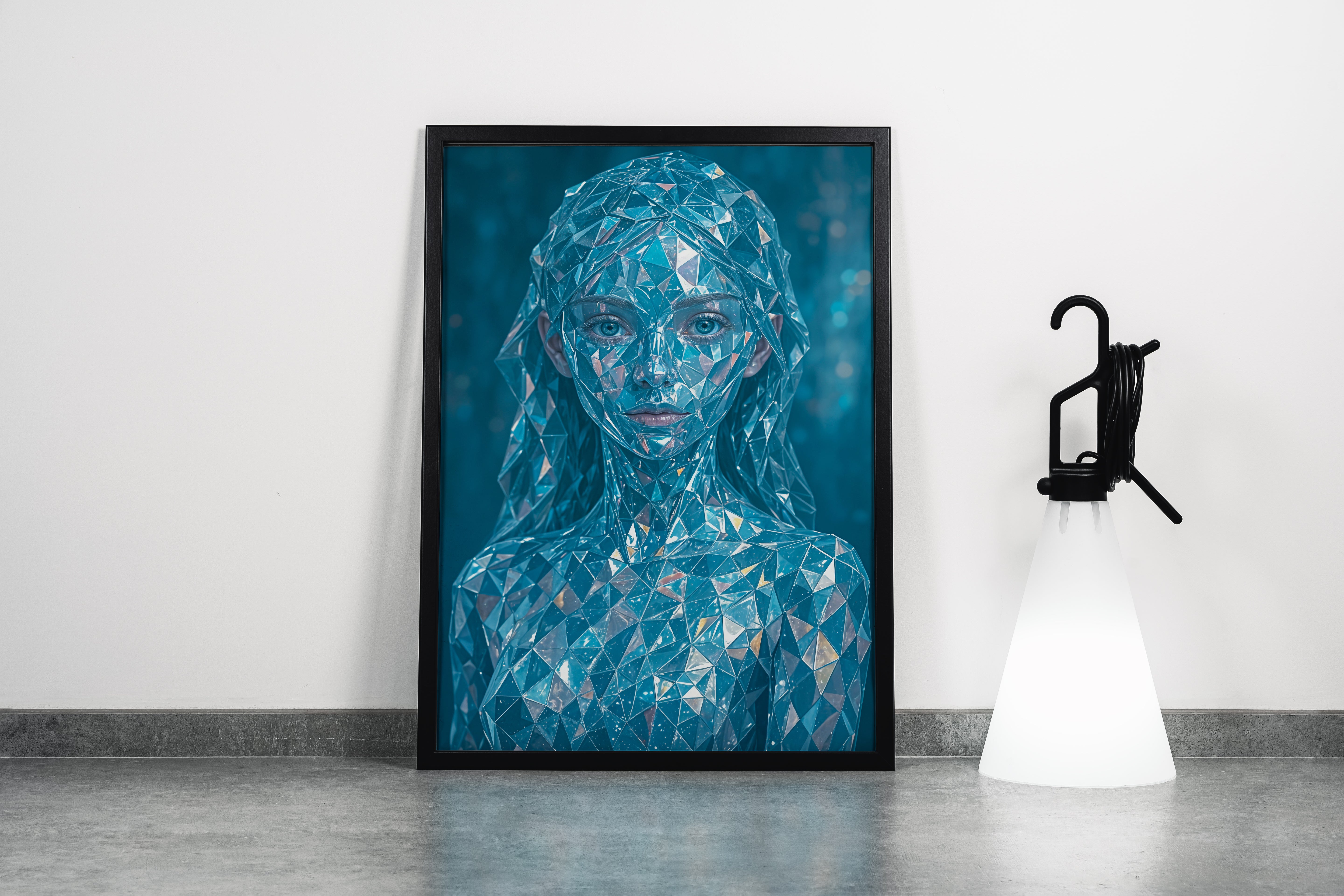 ai creation, crystal woman portrait, blue shards, geometric, reflective, ethereal glow, ai art, art, kanvas tablo