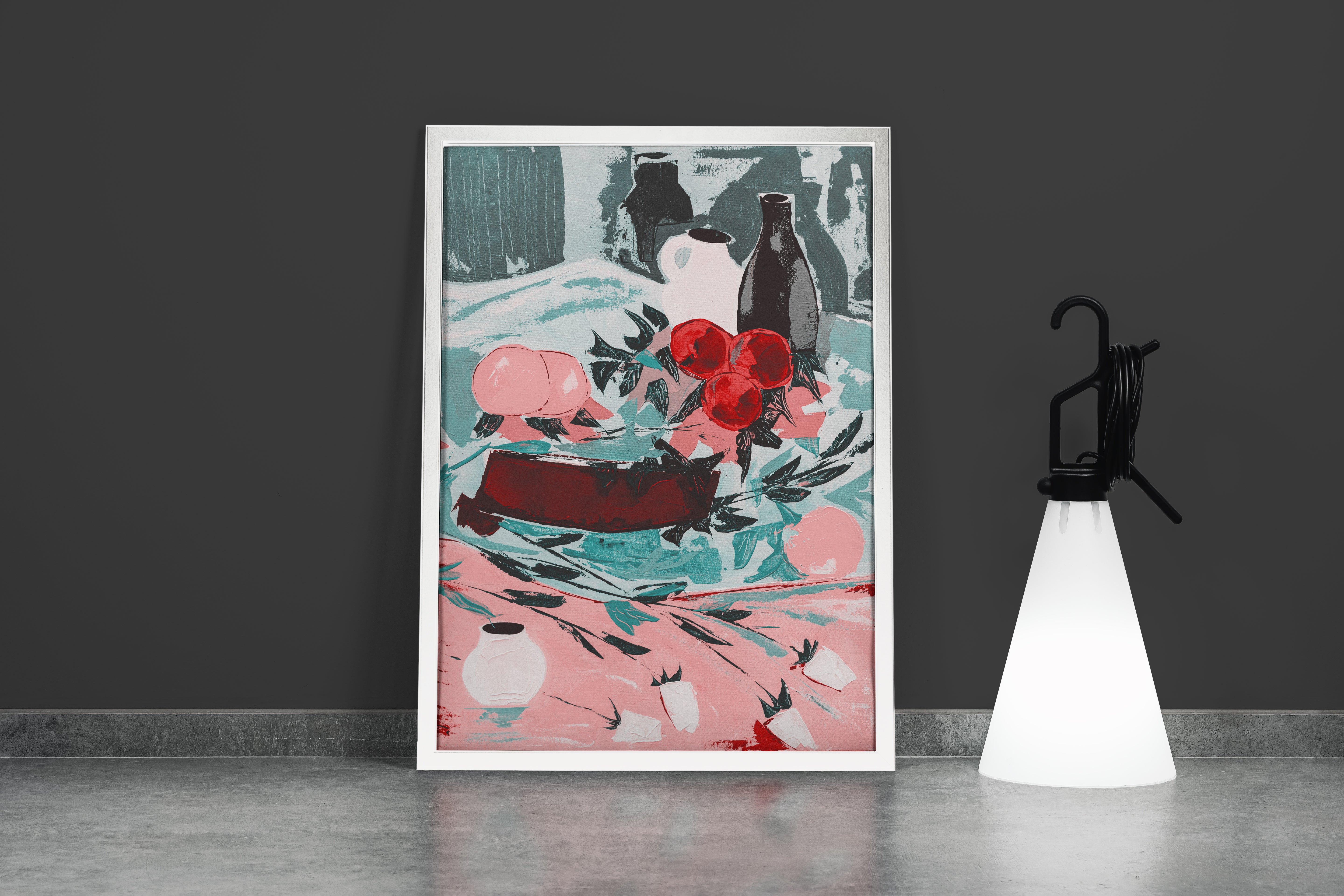 a modern still life painting of fruits and vases in a unique color palette, abstract, art, kanvas tablo