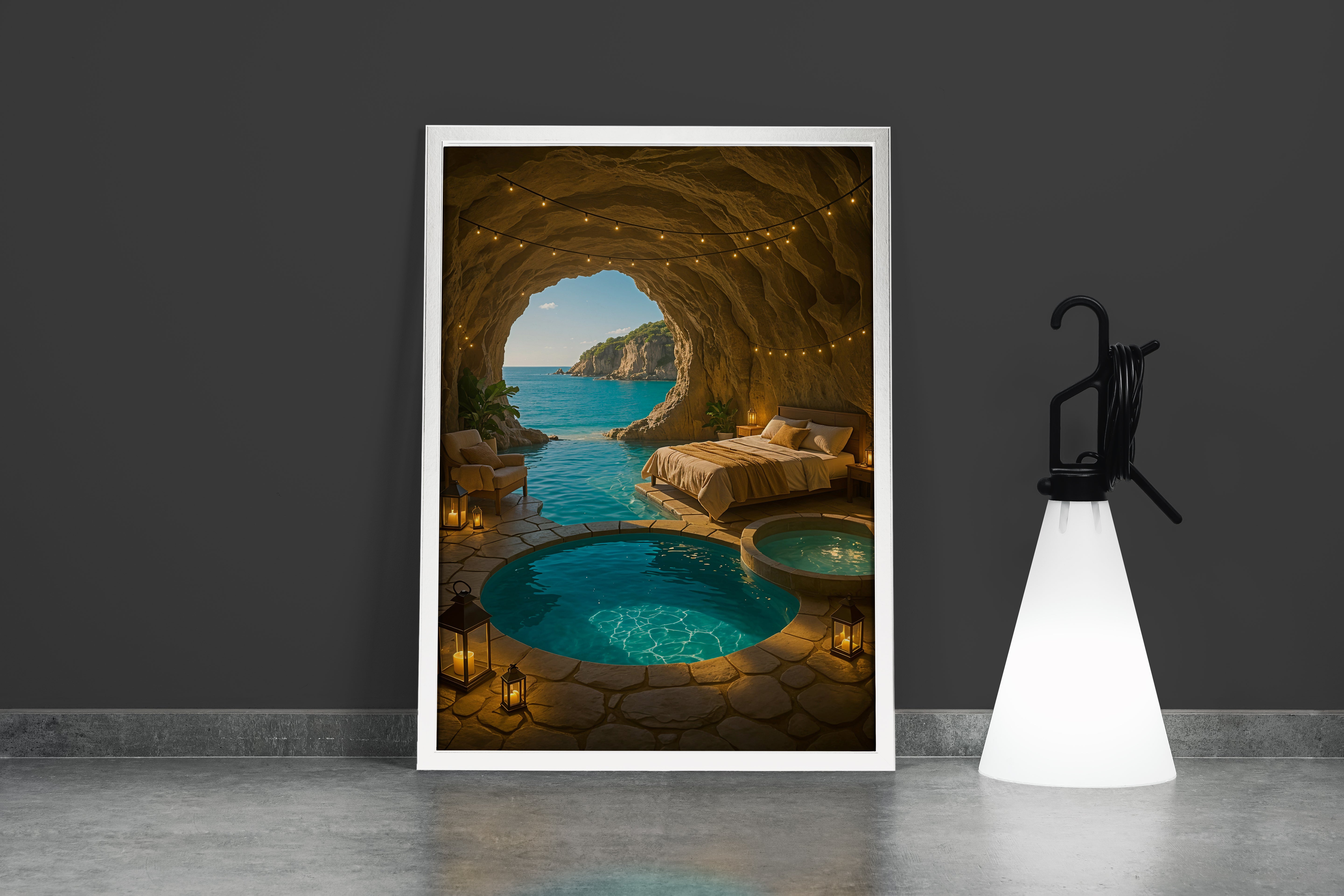 ai creation, hotel room inside the cave and sea view model 1, ai art, art, kanvas tablo