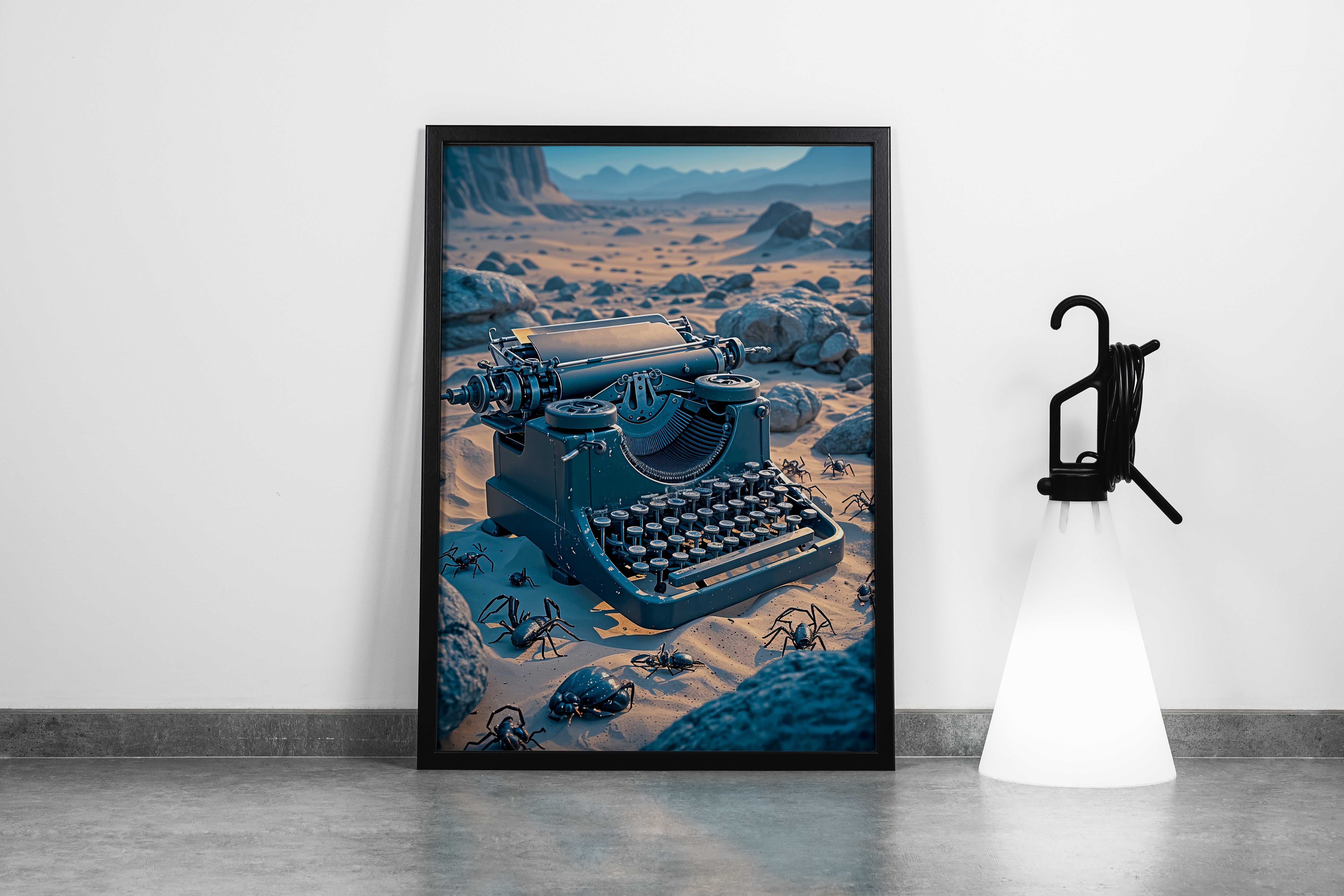ai creation, a typewriter stuck in the desert among insects, ai art, art, kanvas tablo