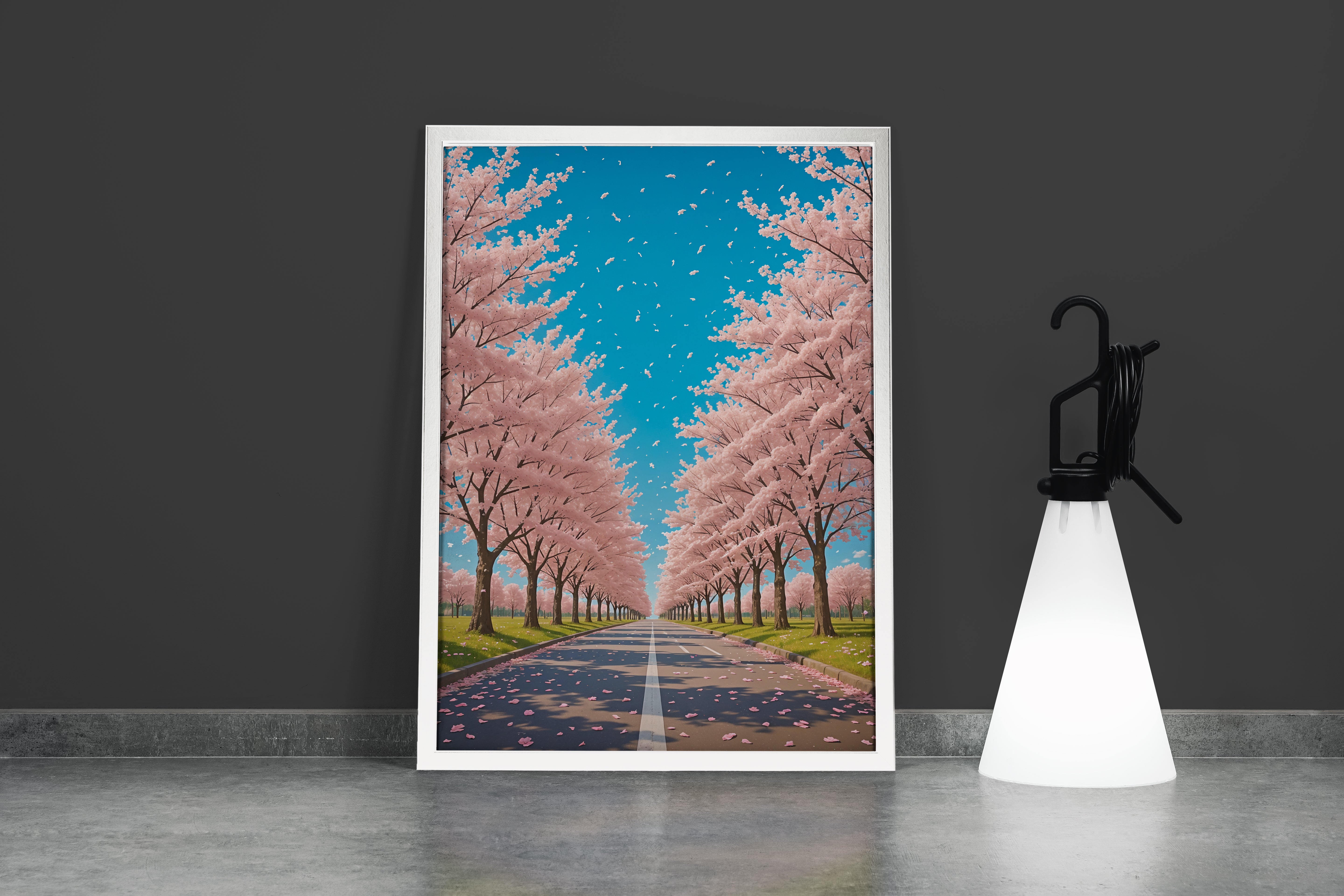 ai creation, a road decorated with soft pink trees, ai art, art, kanvas tablo