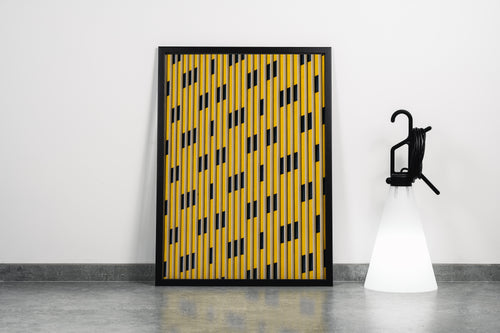 a striking architectural pattern of yellow and black vertical lines creating a rhythmic facade, abstract, art, kanvas tablo
