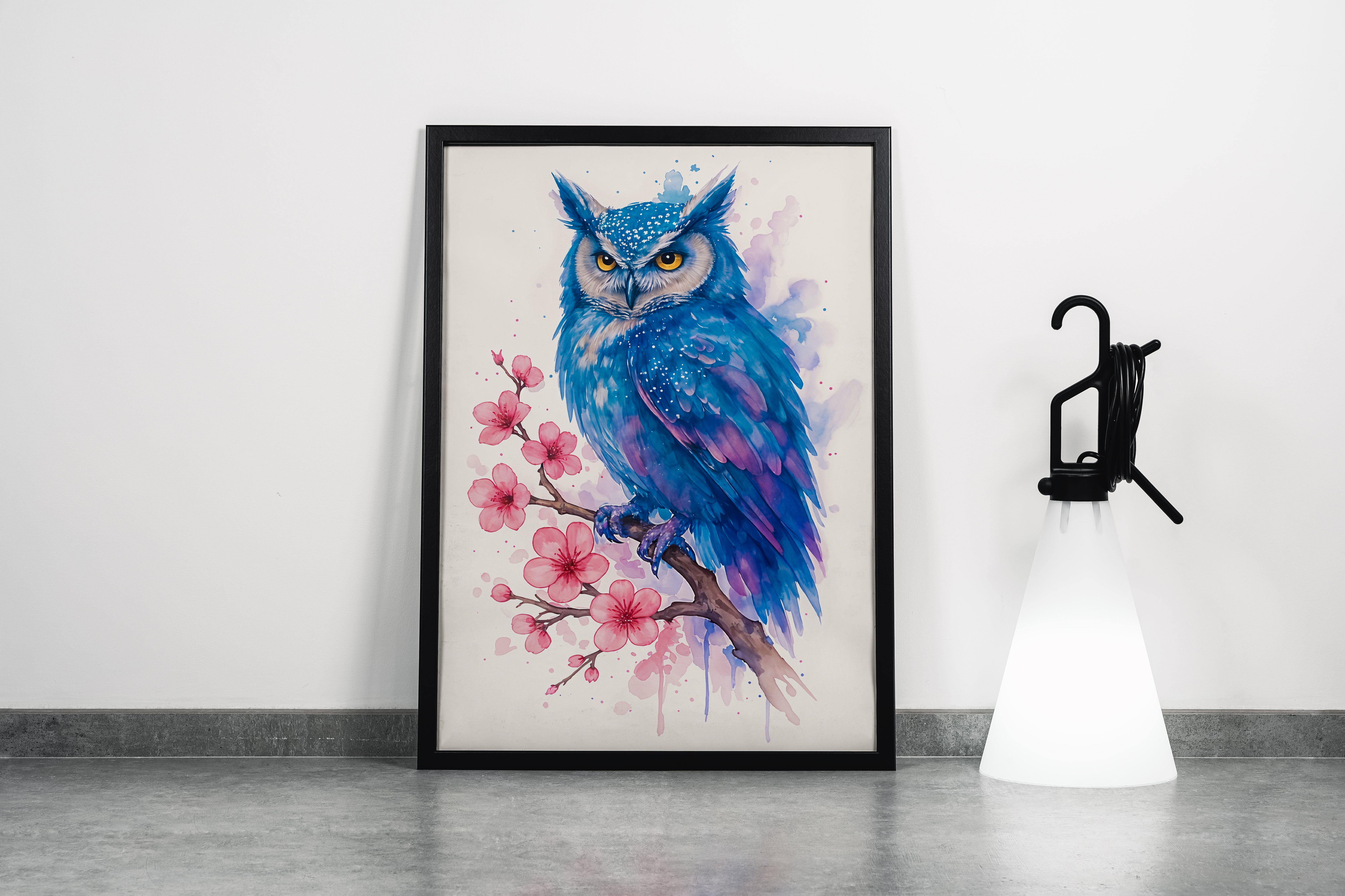 ai creation, blue toned owl standing on a branch, ai art, art, kanvas tablo