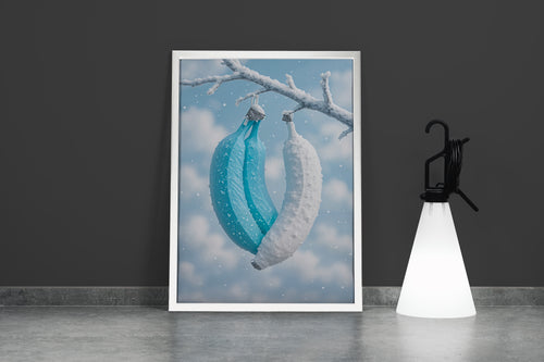 ai creation, white and blue banana hanging on a branch, winter themed, art, kanvas tablo