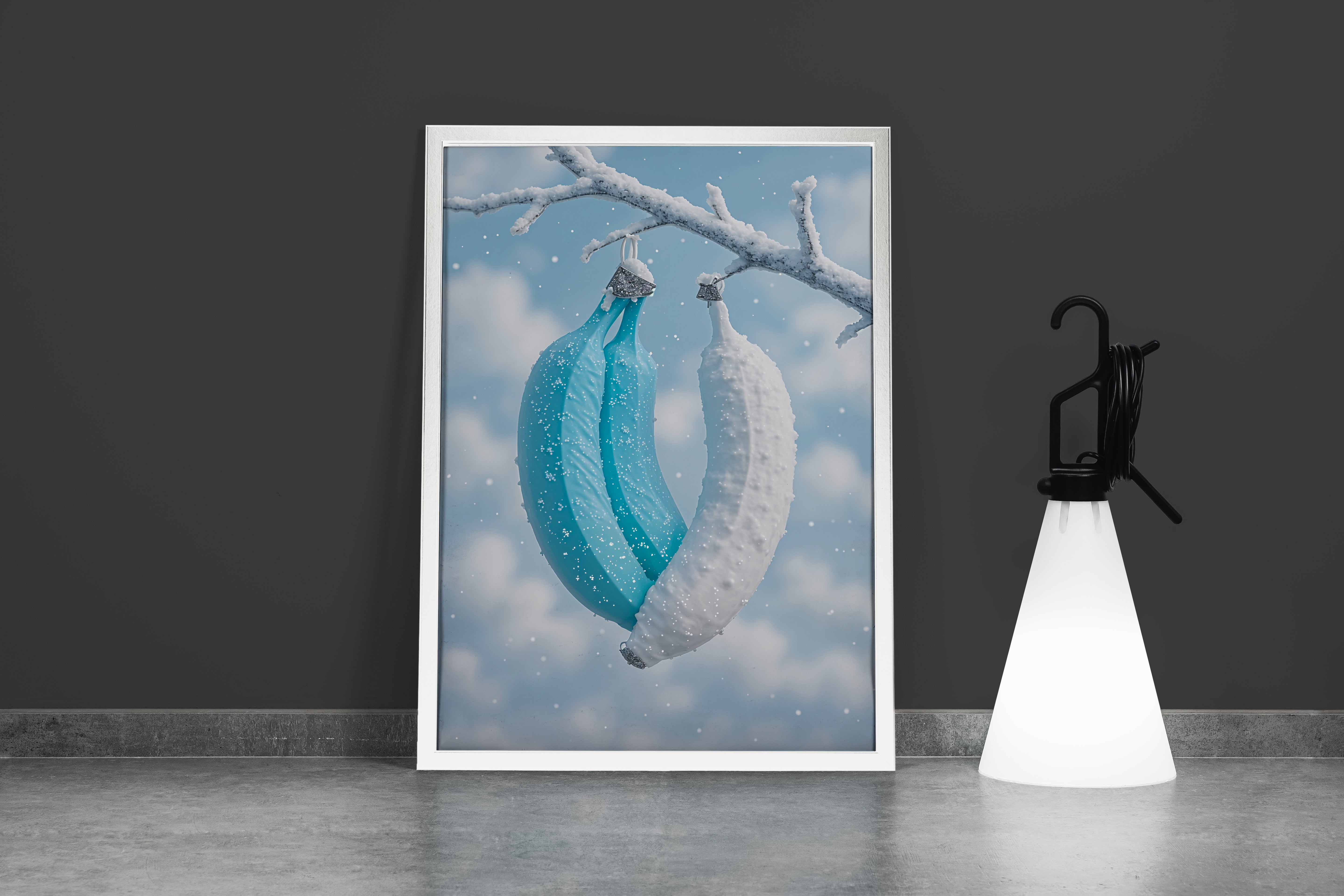 ai creation, white and blue banana hanging on a branch, winter themed, art, kanvas tablo