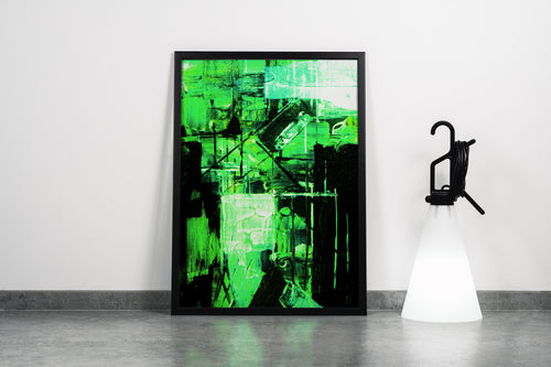 a high-contrast abstract painting with neon green and black creating a futuristic cityscape, abstract, art, kanvas tablo