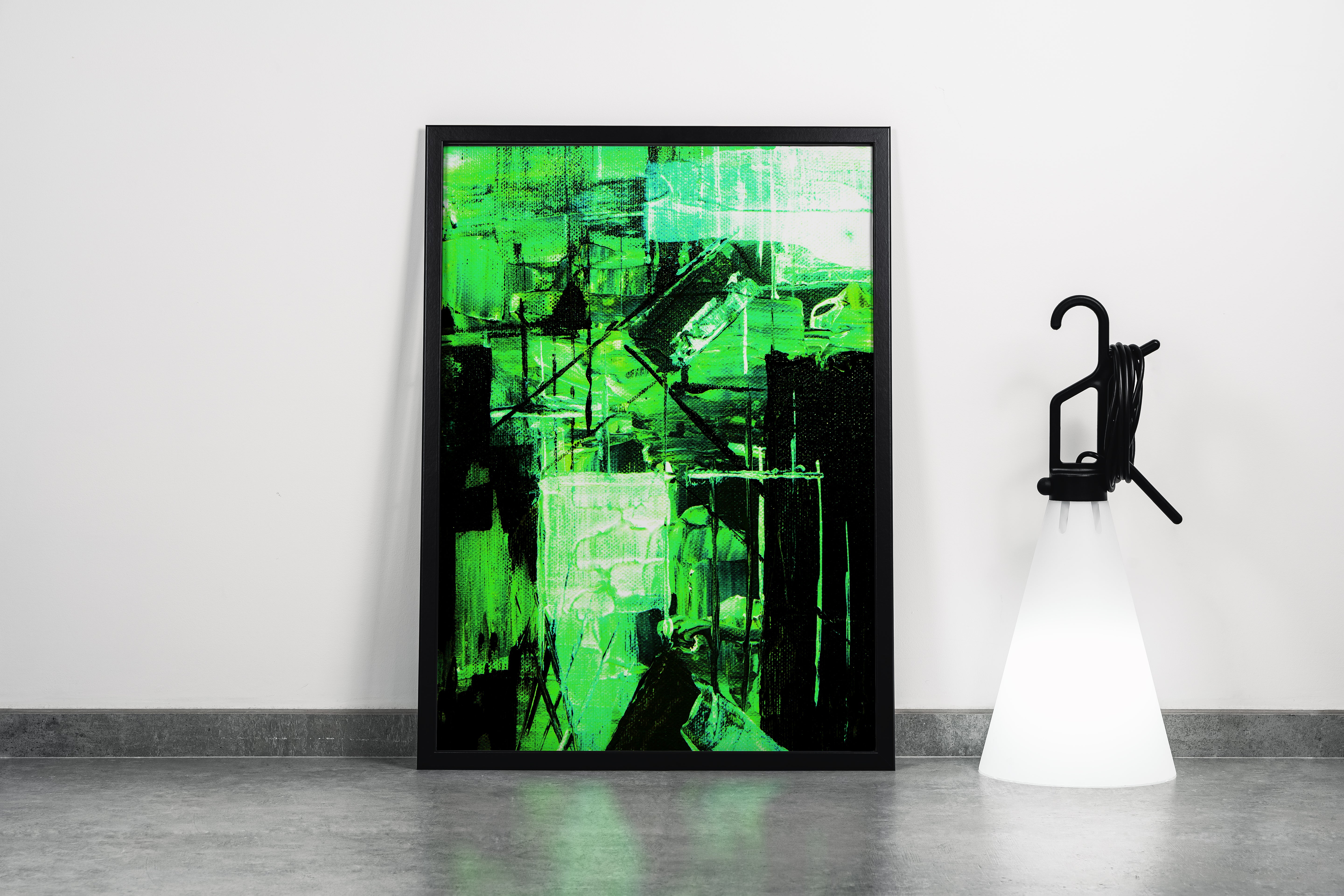 a high-contrast abstract painting with neon green and black creating a futuristic cityscape, abstract, art, kanvas tablo