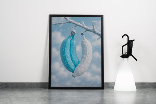 ai creation, white and blue banana hanging on a branch, winter themed, art, kanvas tablo