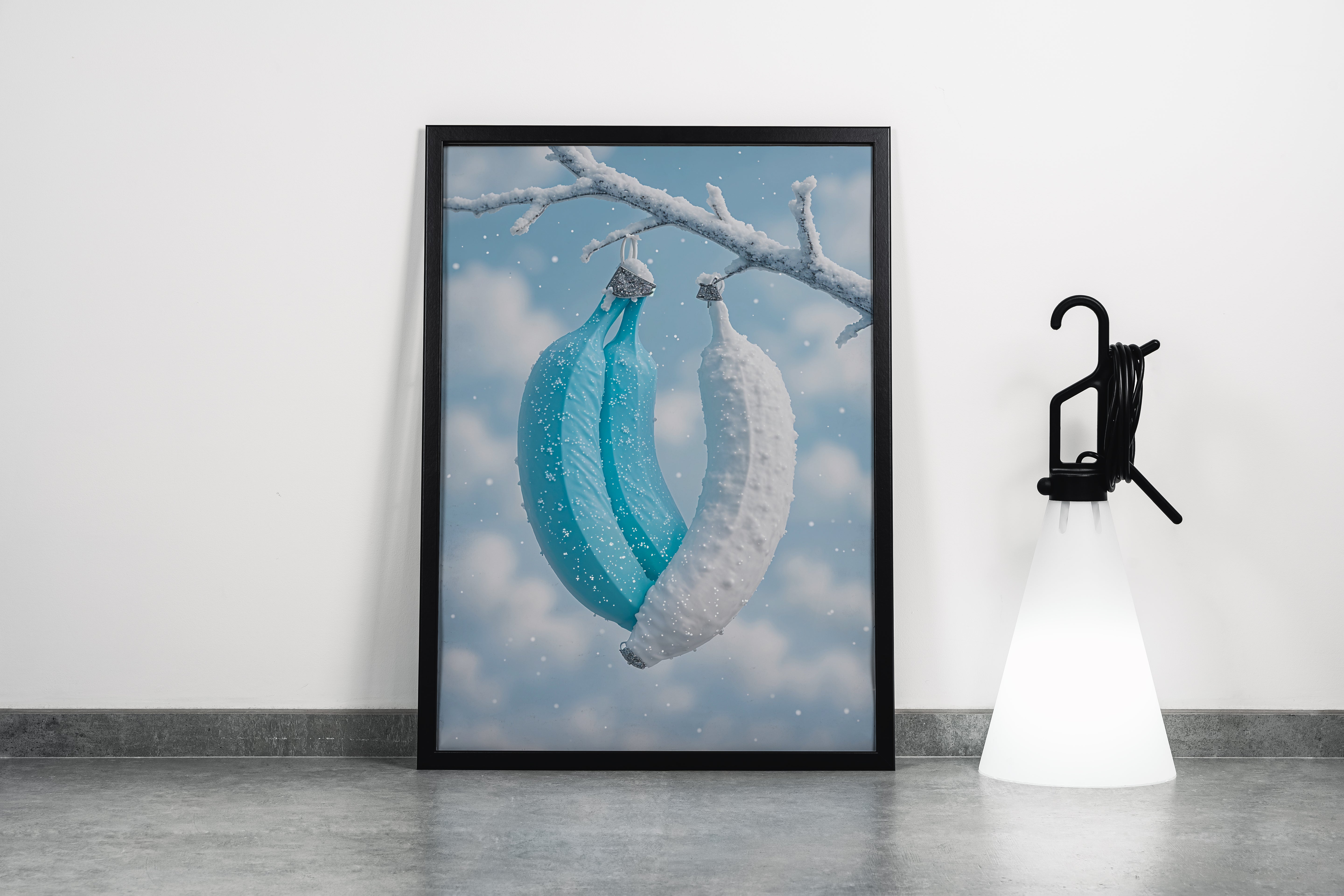 ai creation, white and blue banana hanging on a branch, winter themed, art, kanvas tablo