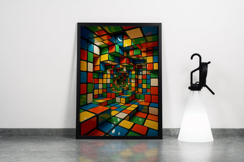 Renkli Küplerden Zeka Küpü Labirenti 3D Geometrik Desenli Soyut Kanvas Tablo