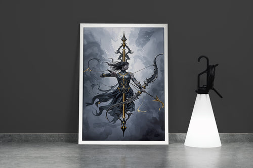 ai creation, a dark fantasy archer in ornate black and gold armor drawing a bow, ai art, art, kanvas tablo