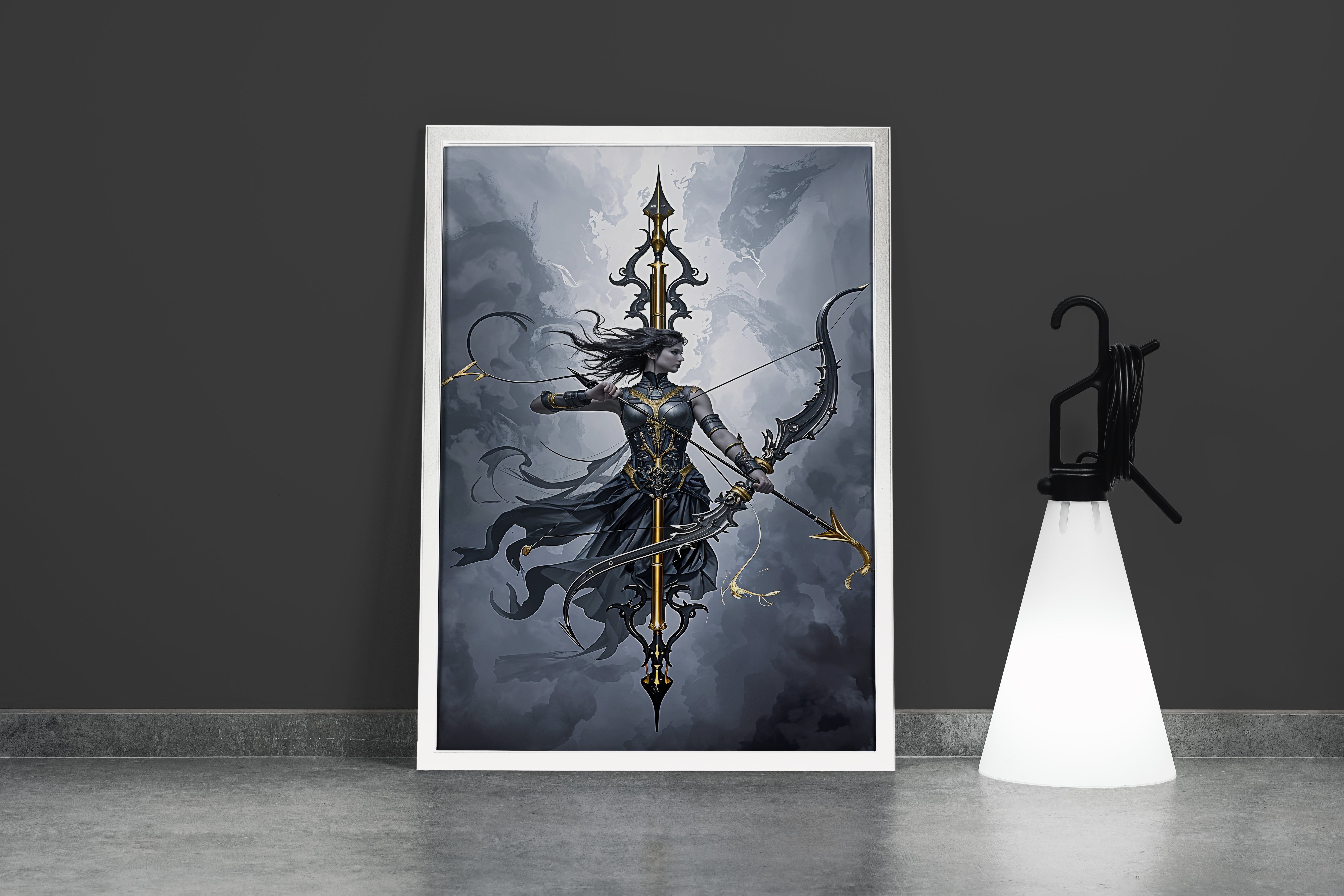 ai creation, a dark fantasy archer in ornate black and gold armor drawing a bow, ai art, art, kanvas tablo