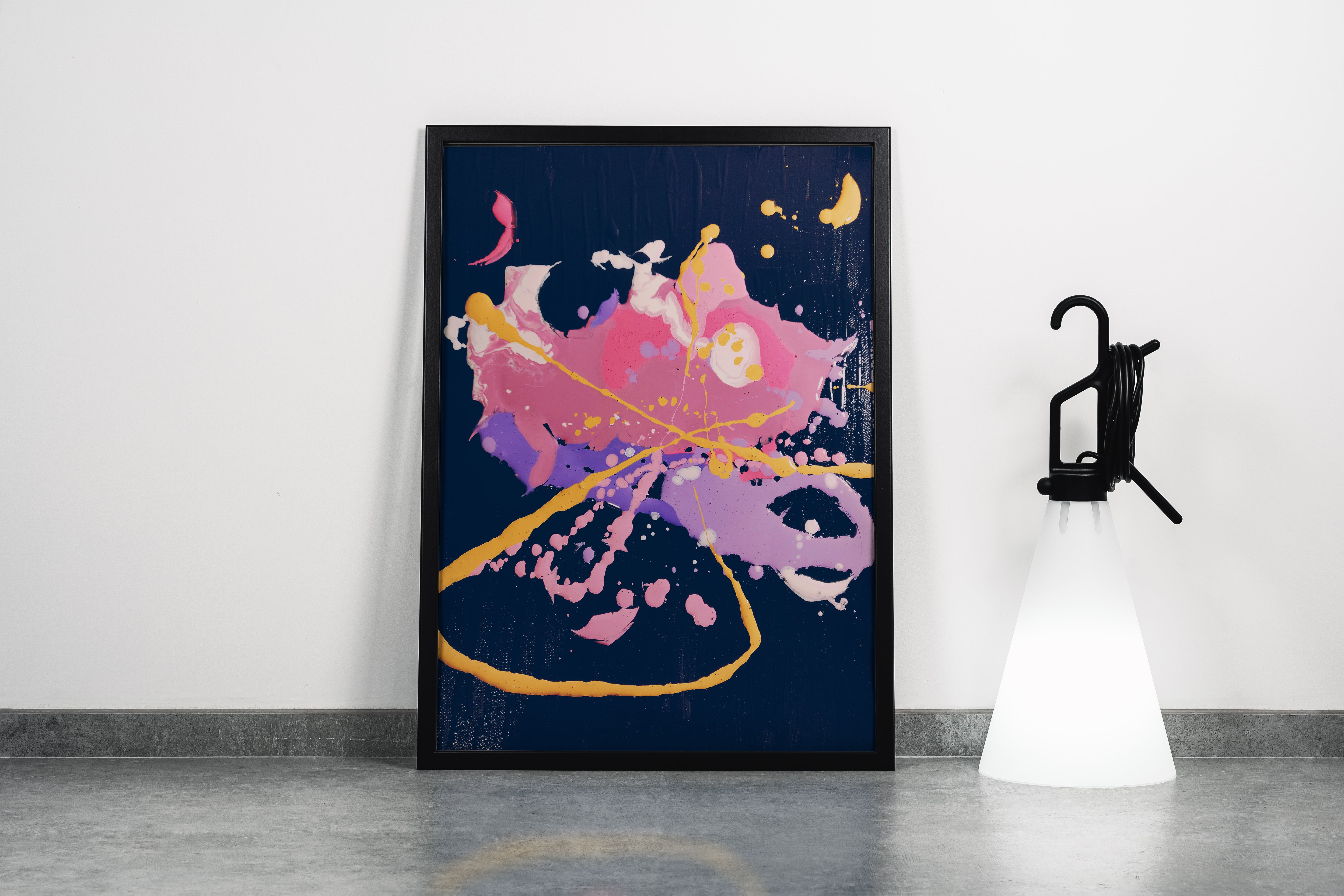 an expressive abstract painting with vibrant splashes of pink, yellow and purple paint, abstract, art, kanvas tablo