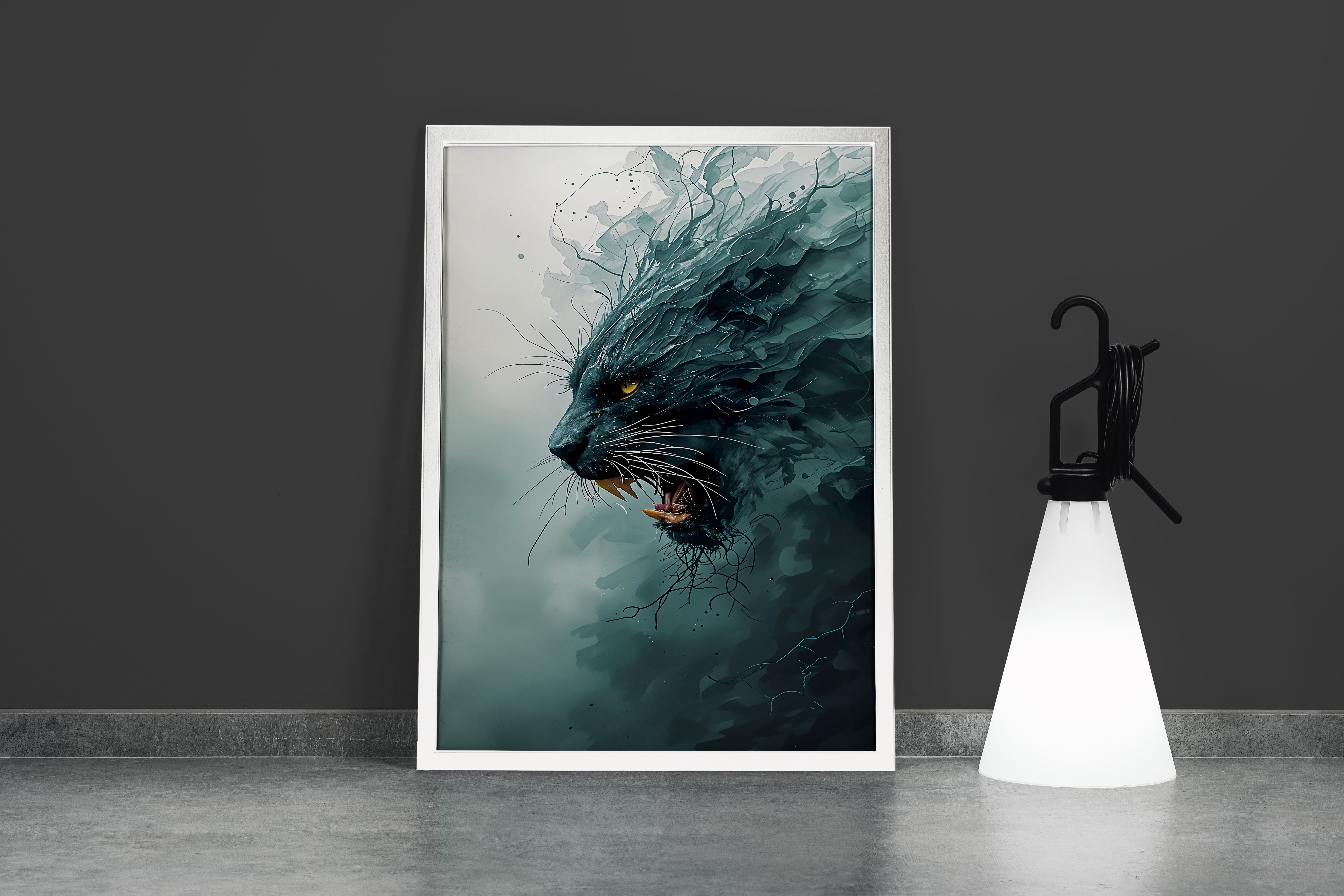 ai creation, black jaguar roaring through the darkness, ai art, art, kanvas tablo