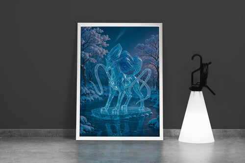 ai creation, ice covered deer frozen river themed, ai art, art, kanvas tablo