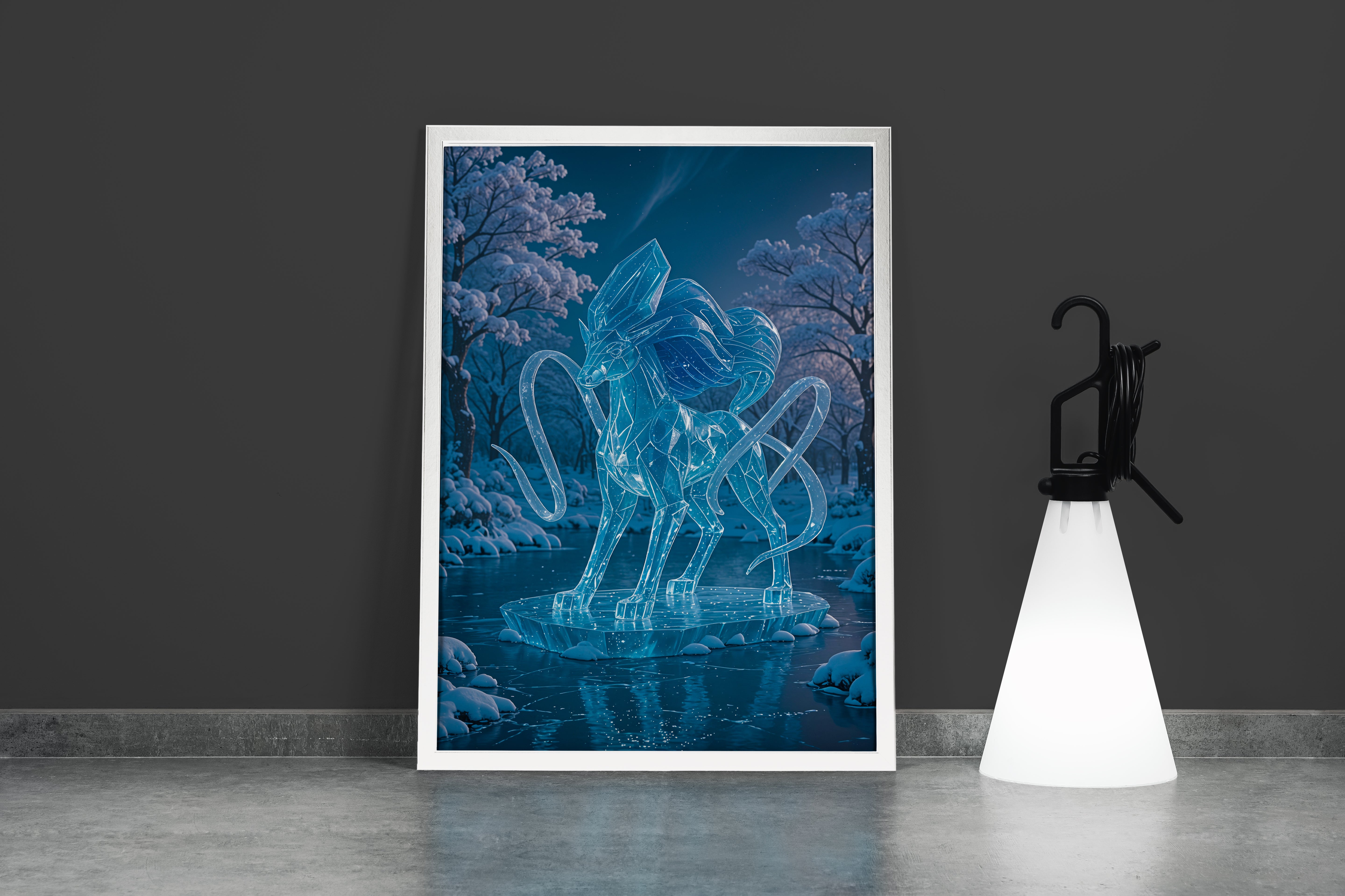 ai creation, ice covered deer frozen river themed, ai art, art, kanvas tablo