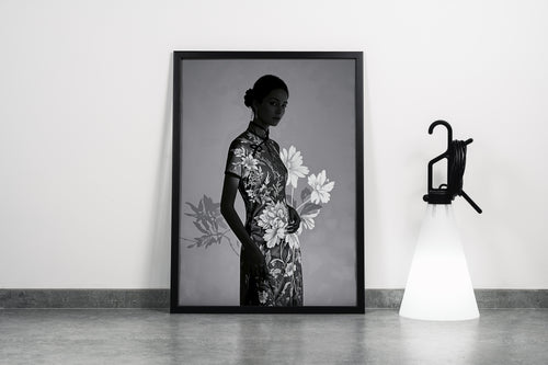 ai creation, asian flowers and asian women, grayscale, ai art, art, kanvas tablo