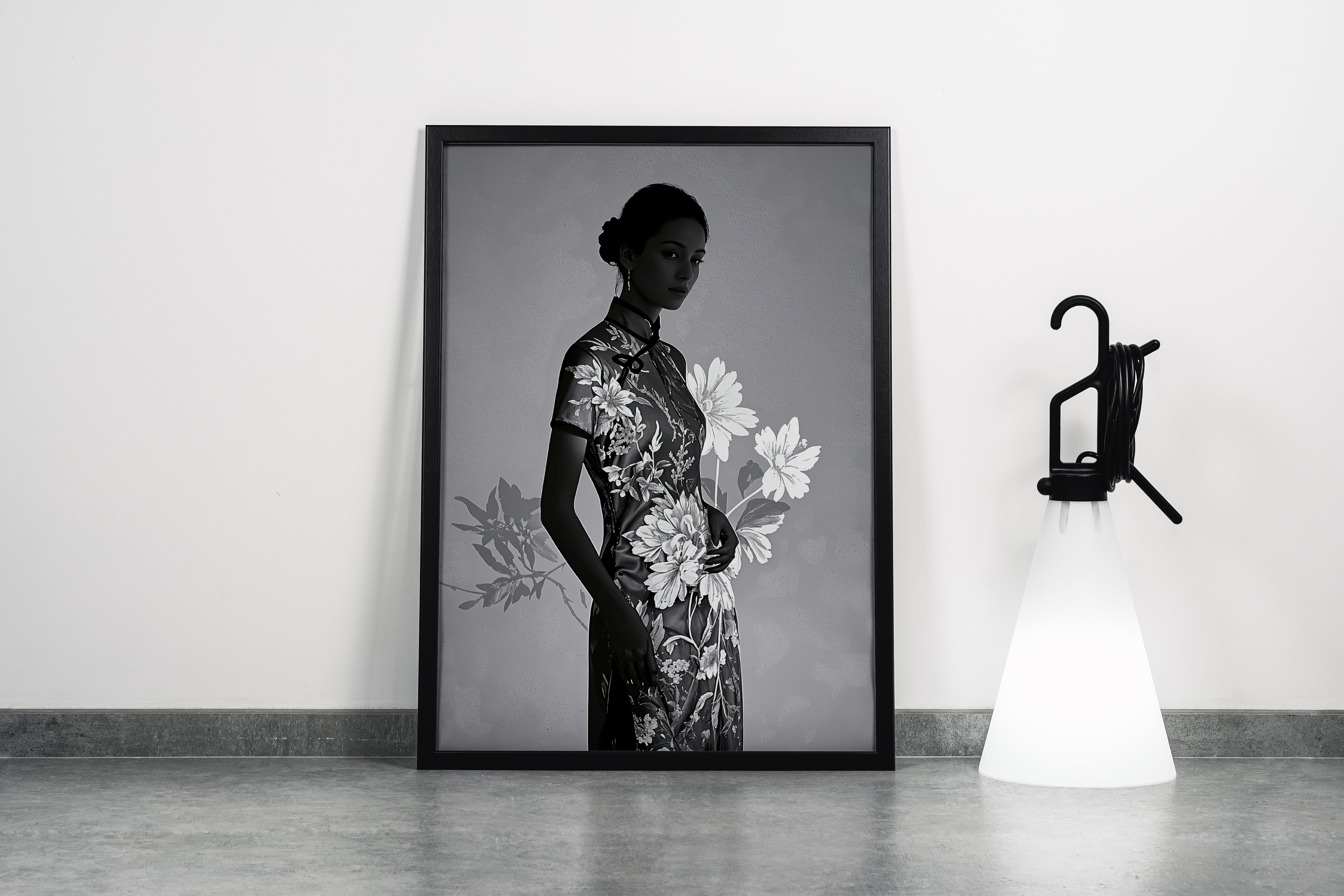 ai creation, asian flowers and asian women, grayscale, ai art, art, kanvas tablo