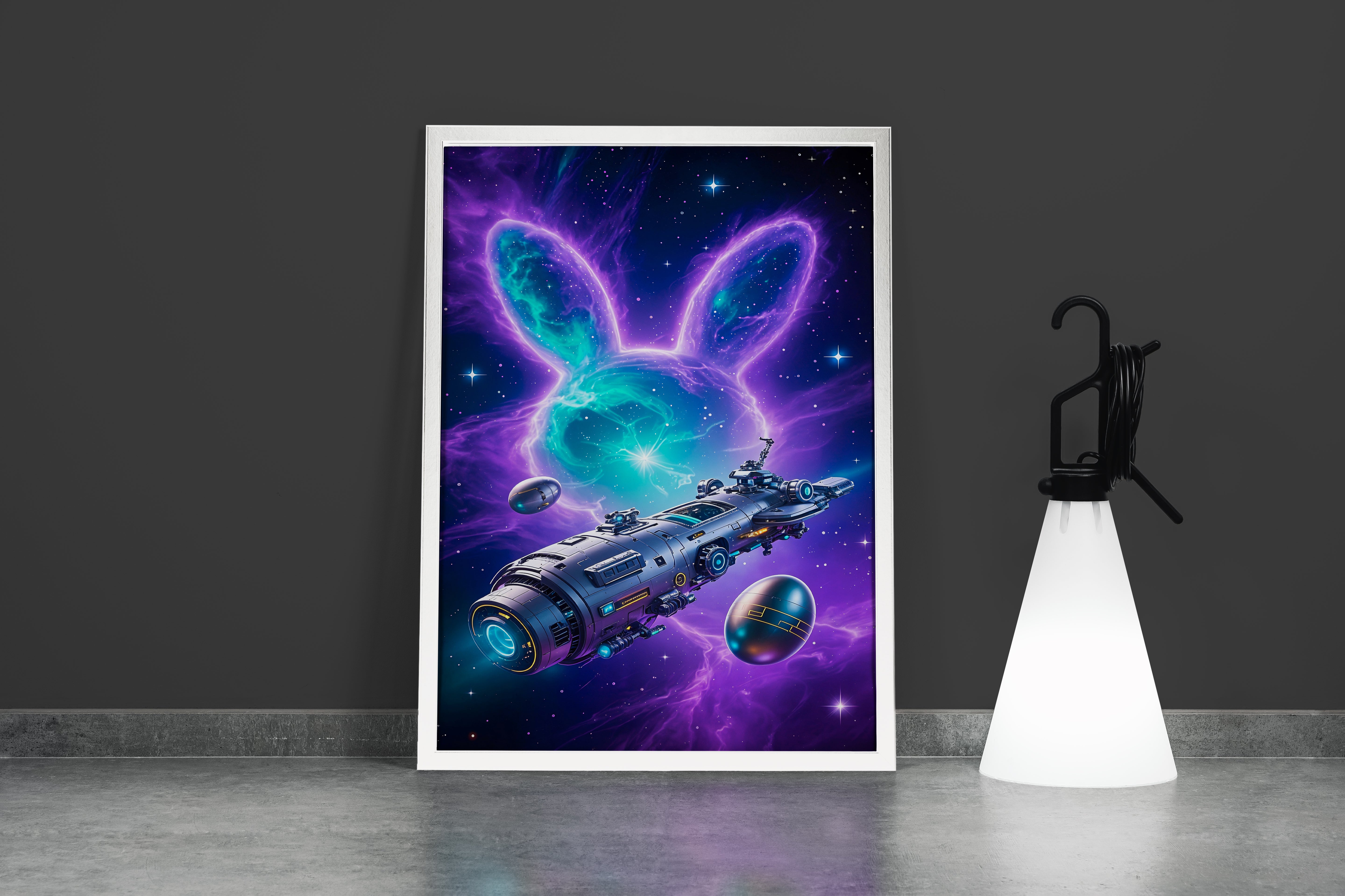 ai creation, rabbit and huge ship in space, ai art, art, kanvas tablo