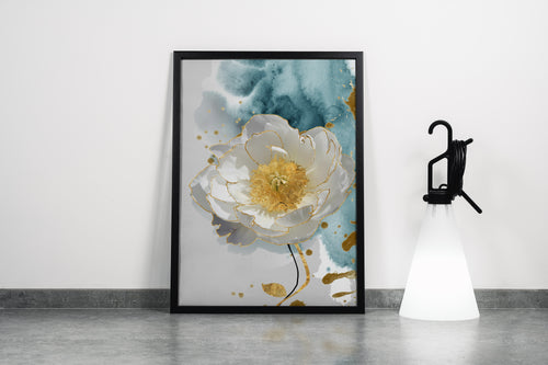 an elegant white flower with gold edges against a blue watercolor wash, art, kanvas tablo