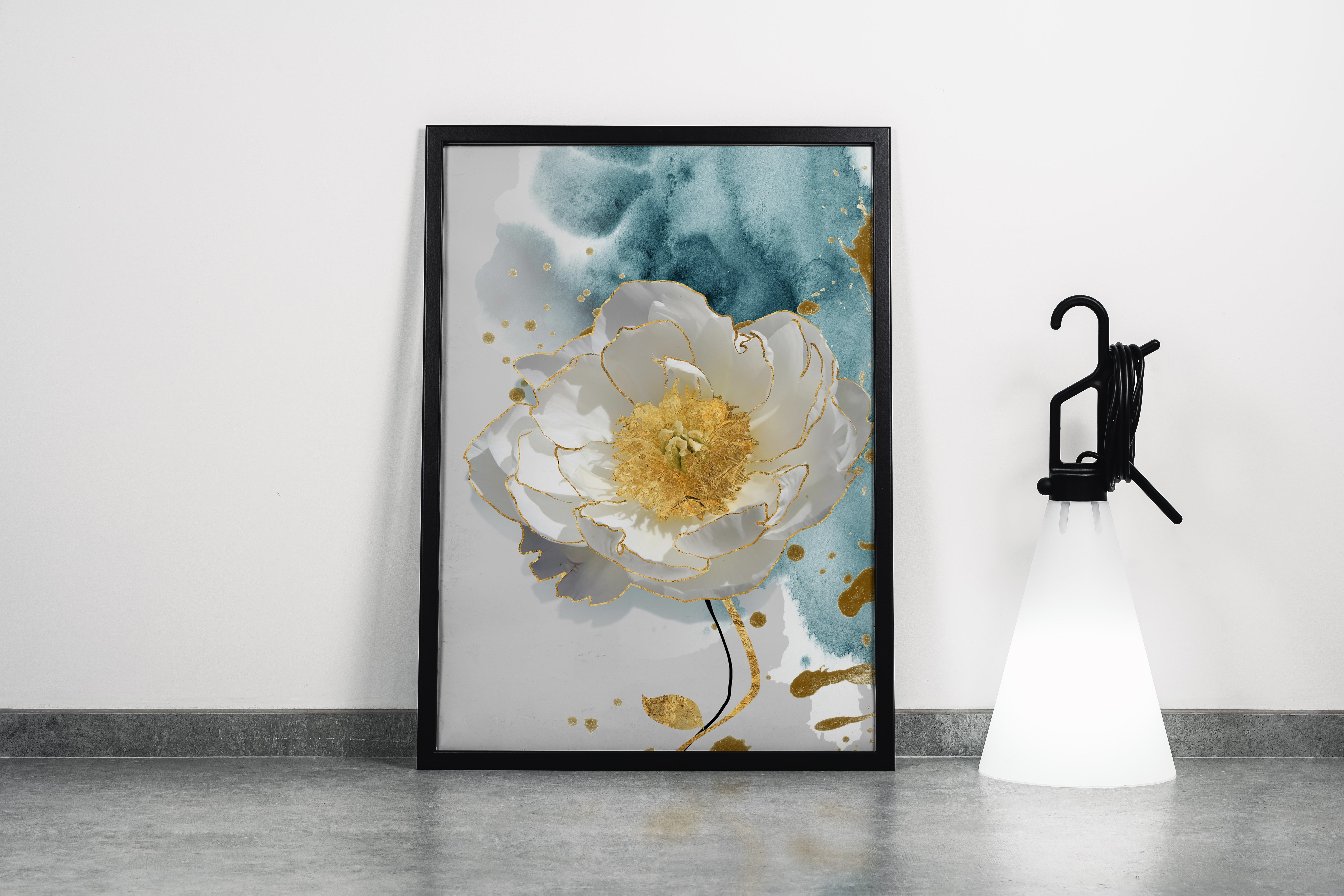 an elegant white flower with gold edges against a blue watercolor wash, art, kanvas tablo