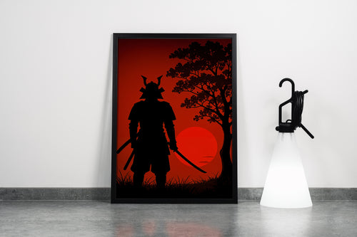 ai creation, samurai watching the sunset, sunset in red tones, ai art, art, kanvas tablo