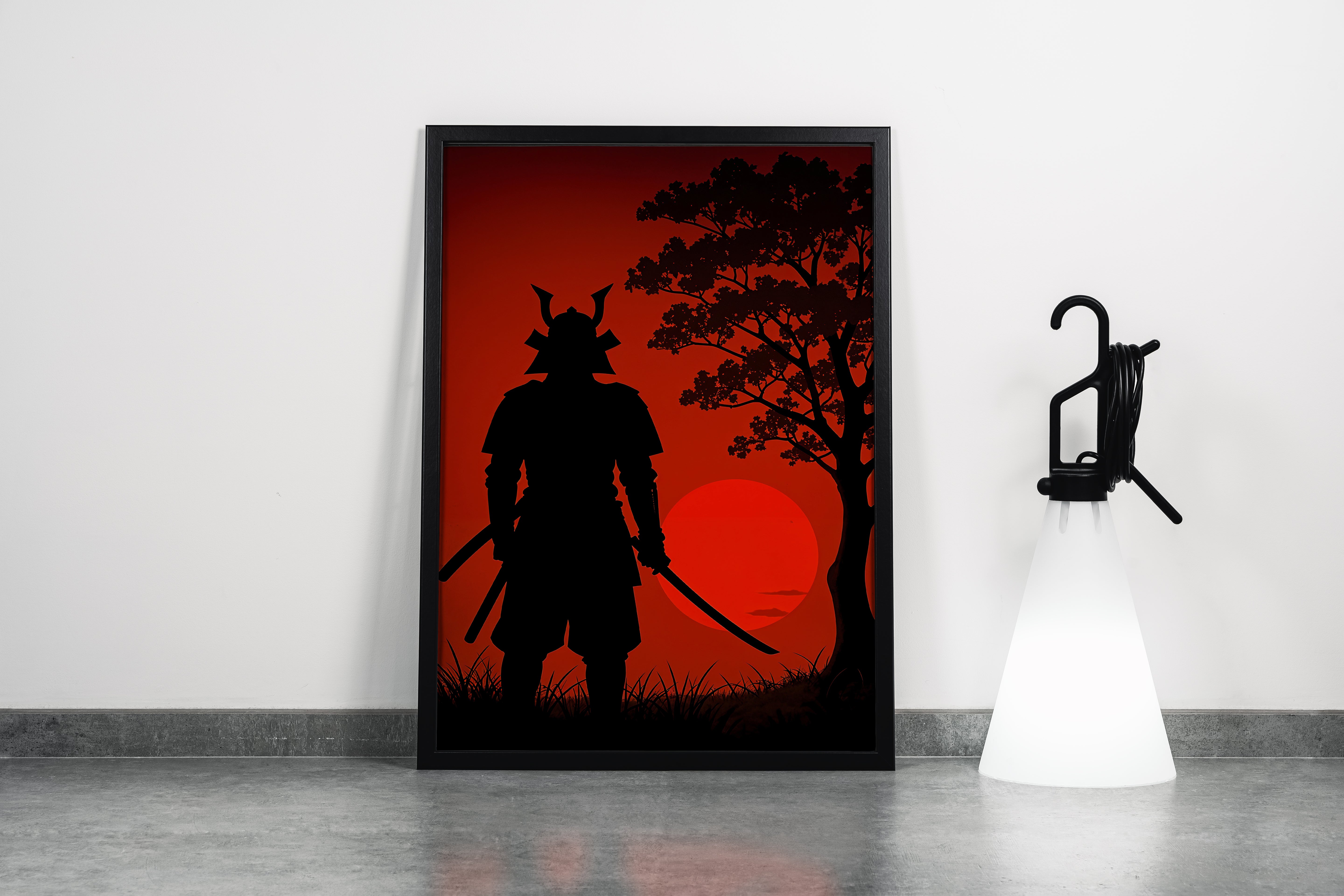 ai creation, samurai watching the sunset, sunset in red tones, ai art, art, kanvas tablo