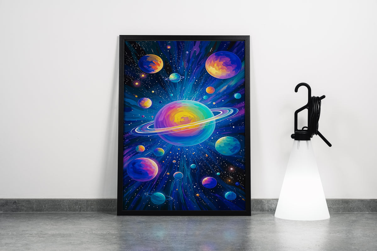 ai creation, saturn and the other colorful planets in its orbit model 2, ai art, art, kanvas tablo